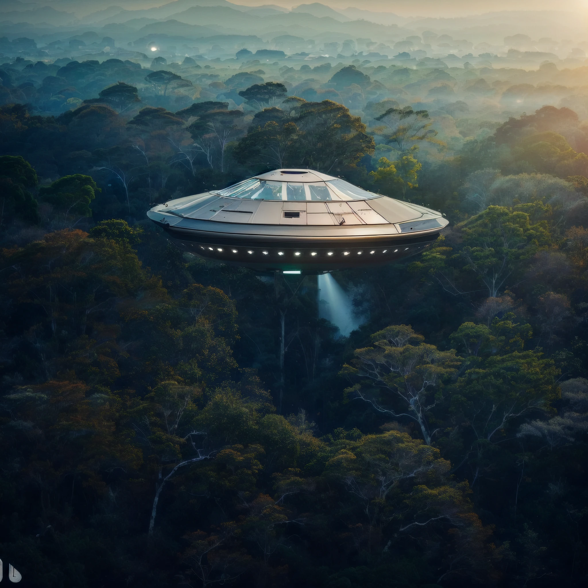 ufo extremamente detalhado e realista, Standing over the dense Amazon jungle with a mysterious light, ultra qualidade de imagem, 8k