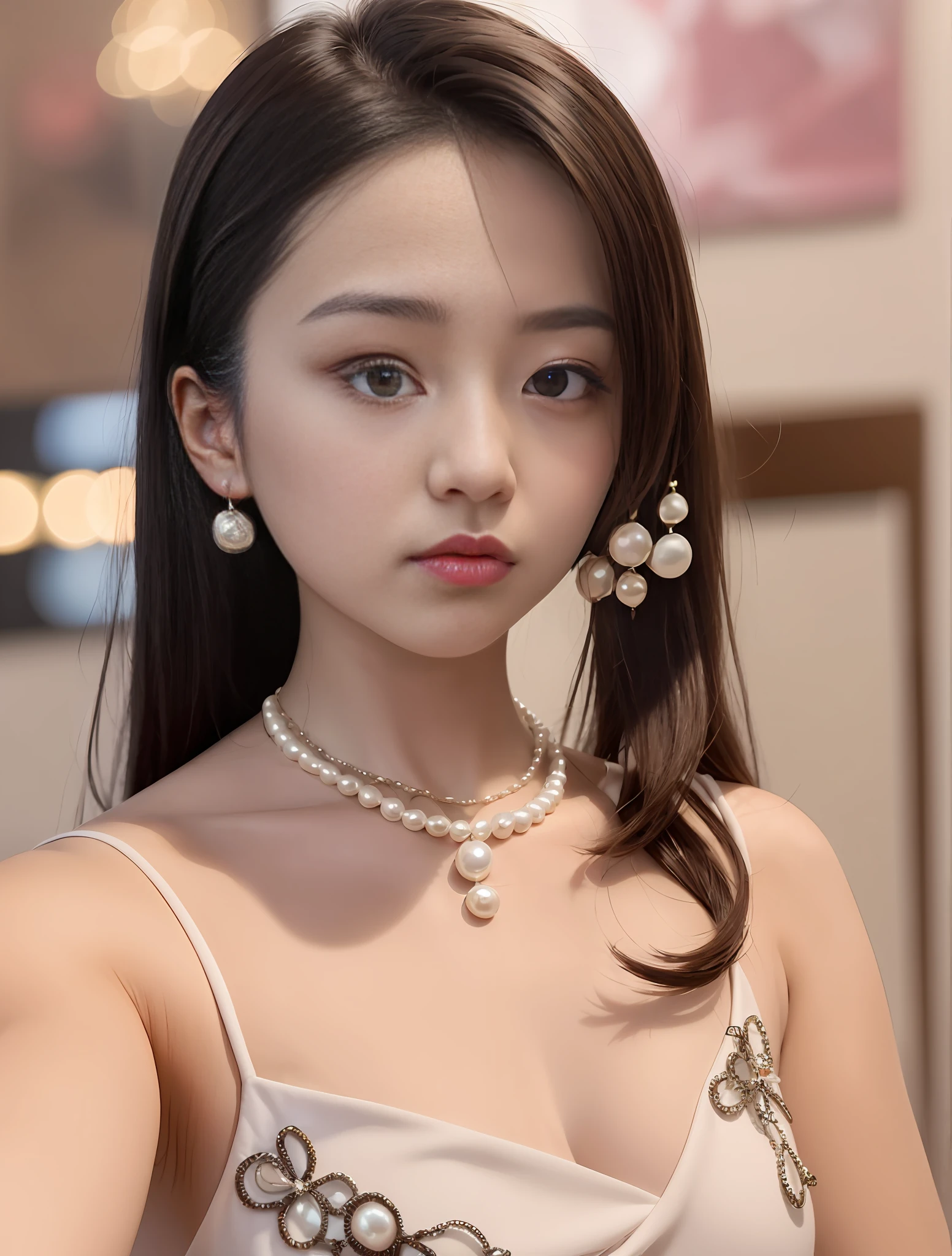 araffe woman with a white dress and a pearl necklace, xintong chen, wenfei ye, dilraba dilmurat, xision wu, pearls necklace, 8k selfie photograph, yanjun cheng, shaxi, chengyou liu, Zhang Wanting, lulu chen, pearls necklace, xue han, Gemma Chen, Inspired by Huang Ji