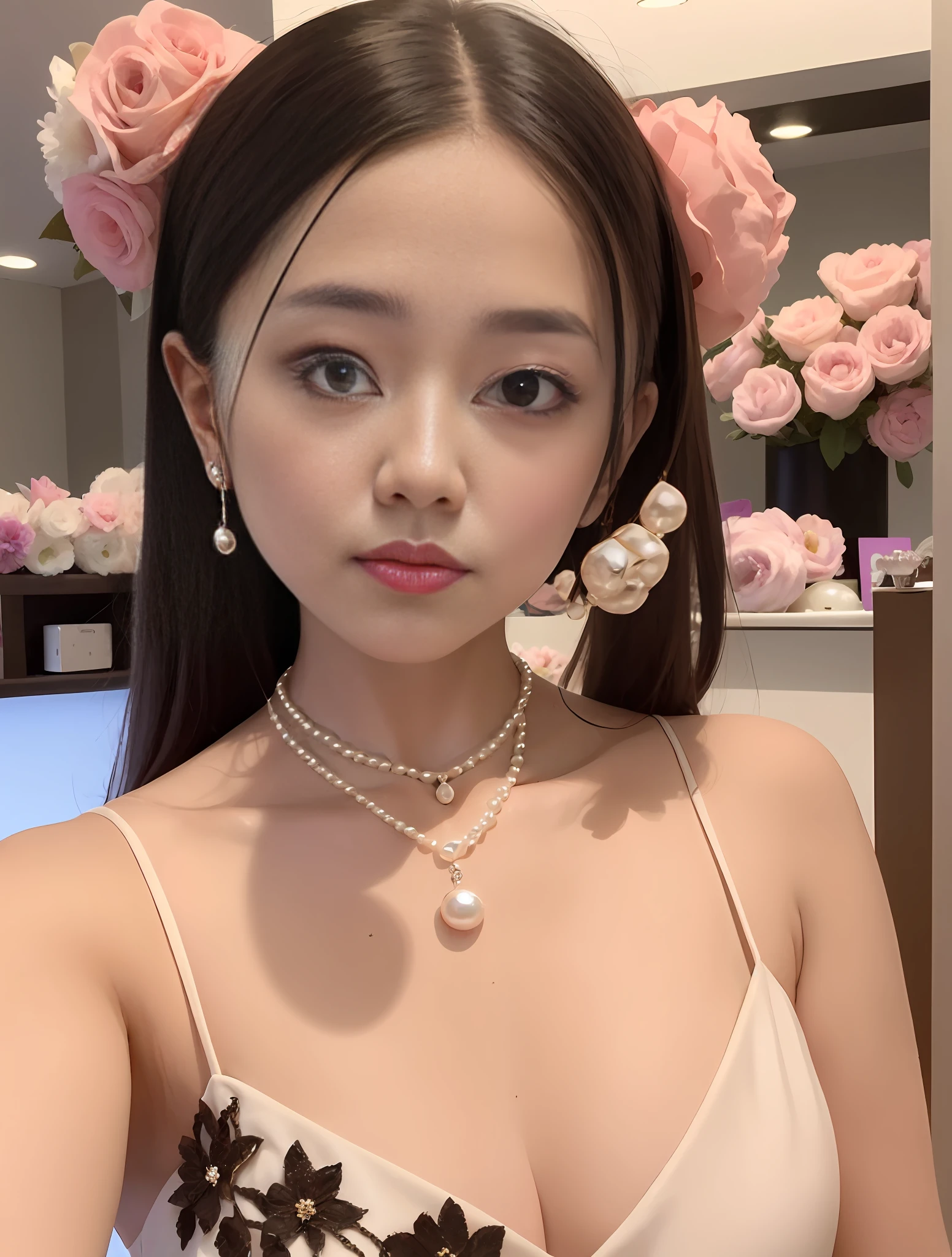 araffe woman with a white dress and a pearl necklace, xintong chen, wenfei ye, dilraba dilmurat, xision wu, pearls necklace, 8k selfie photograph, yanjun cheng, shaxi, chengyou liu, Zhang Wanting, lulu chen, pearls necklace, xue han, Gemma Chen, Inspired by Huang Ji