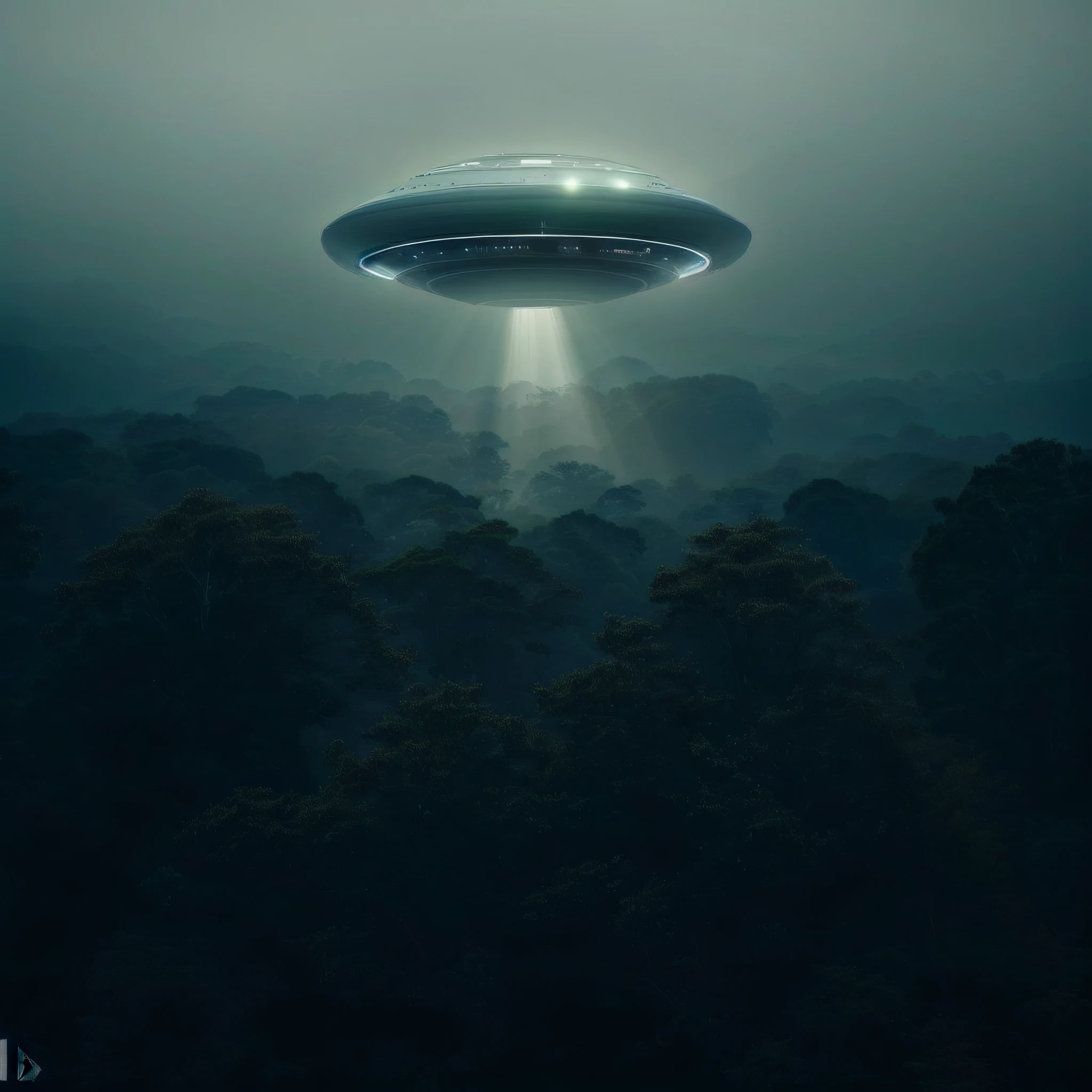 ufo extremamente detalhado e realista, Standing over the dense Amazon jungle with a mysterious light, ultra qualidade de imagem, 8k