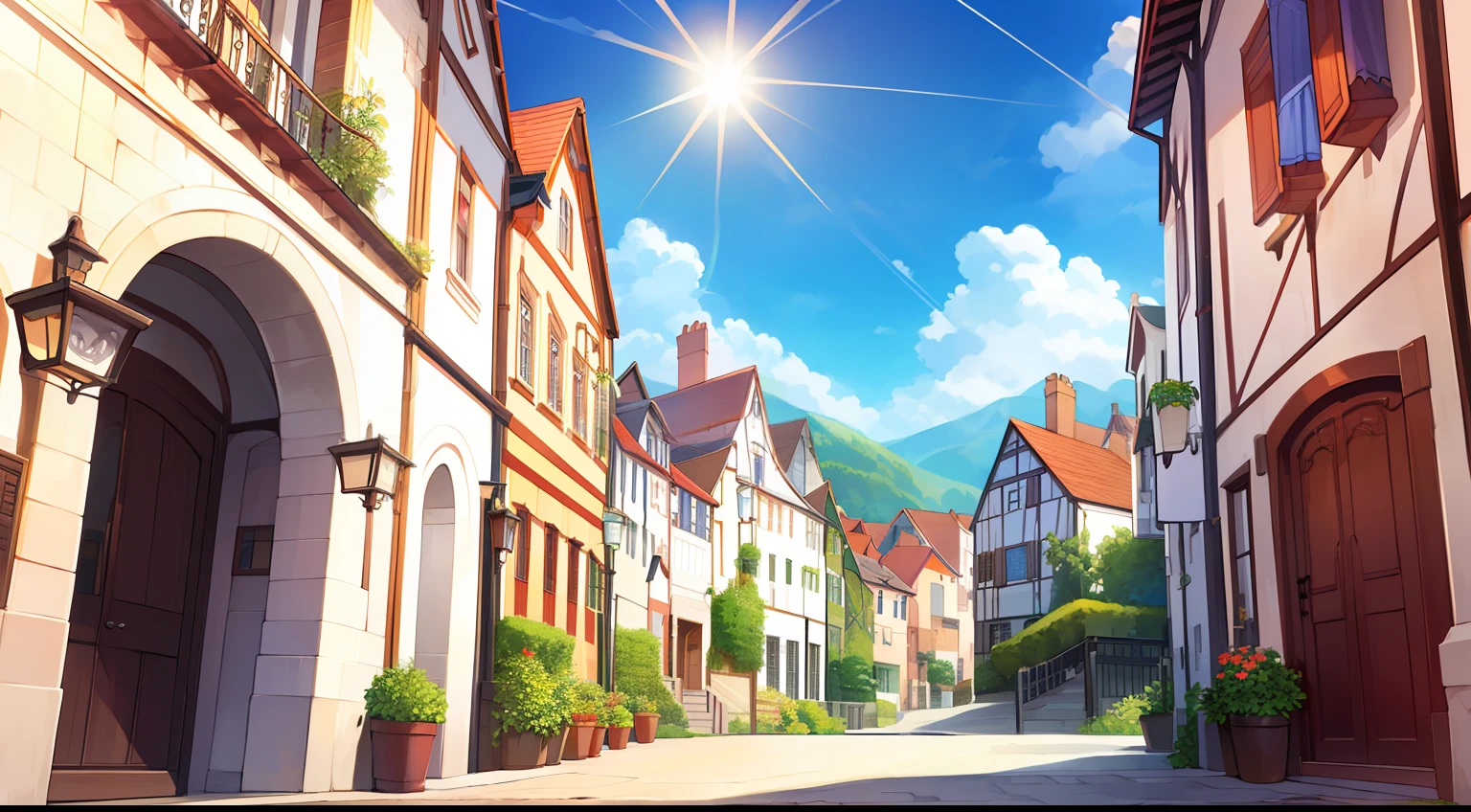 (high-quality, breathtaking),(expressive eyes, perfect face), background, sunshine, european town
