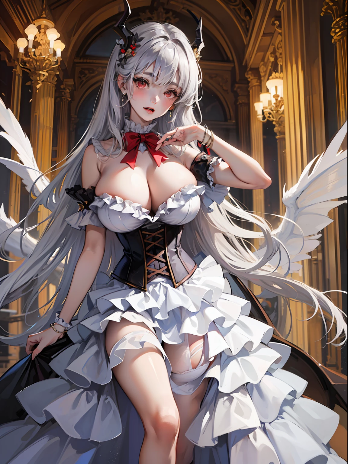 masterpiece, best quality, finely detailed, high resolution, extremely delicate and beautiful, 1 girl, silver hair, red eyes, dragon horns, (huge breasts), (deep cleavage:1.2), (narrow waist:1.2), (elegant frilled dress:1.3), (corset), bow tie, bright skin