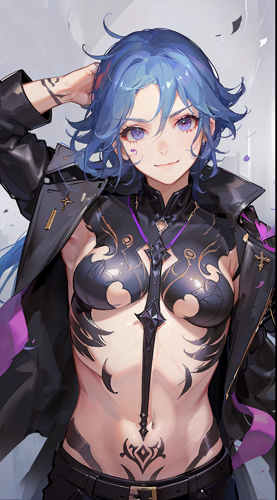Young guy, Coiling hair, карэ, violet eyes, Ritual tattoos on the body, leather trenchcoat, pants, open torso, smirk, cane, Masterpiece, highly quality
