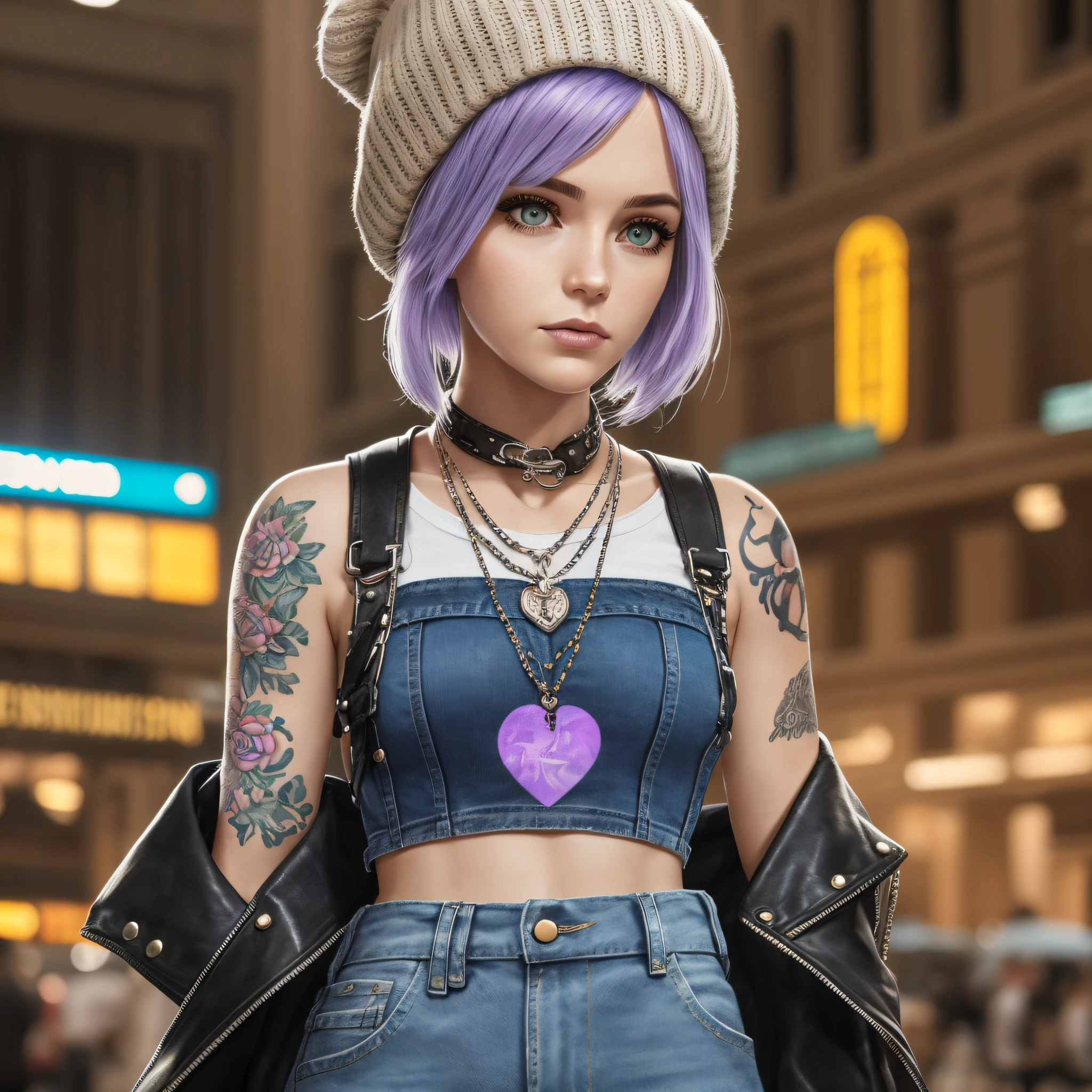 Chloe Price, at the the Grand Central Terminal, cinematic, medium shot, whole head in frame, detailed face, detailed eyes, evening, punk aesthetic, pale blue ripped jeans, braces, suspenders, black boots, white shirt, skull, heart, necklace, chain, bullets, black leather jacket, beanie hat, dark blue beanie, tattoo sleeve, right arm, intricate design, flowers, yellowed skull, dyed hair, light purple roots, blue ends, navy T-shirt, rock, chick