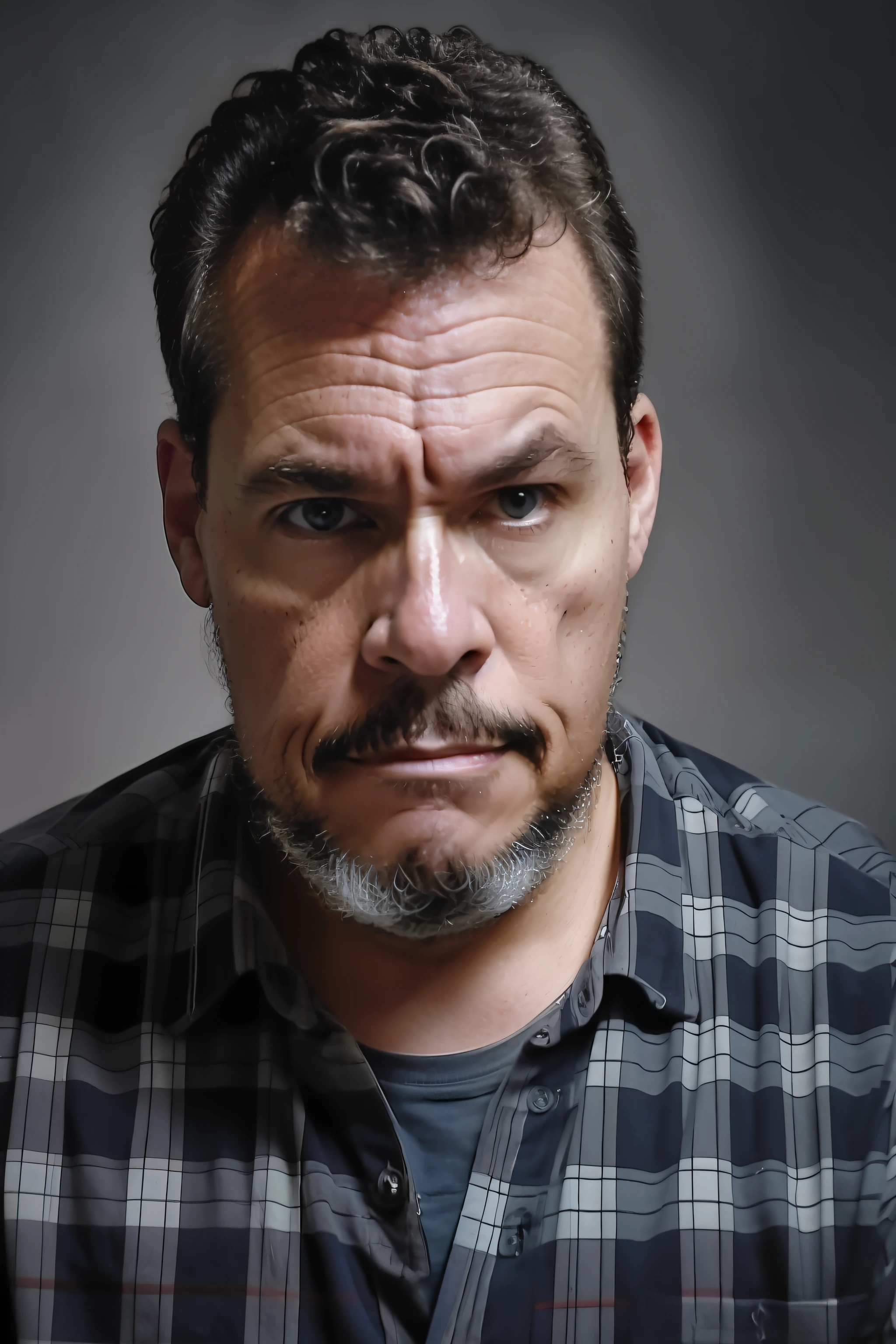 guttonerdvision4, arafed man with a beard and a plaid shirt looking at the camera, retrato headshot do personagem, cinematic headshot portrait, homem de meia-idade, foto retrato realista, realistic studio portrait, Um retrato de Josh Brolin, homem de cabelos grisalhos escuros, Close Up foto retrato, Directed by: Ben Zoeller, Homem na casa dos 40 anos, retrato fotografia realista, Retrato de Mark Hammil
