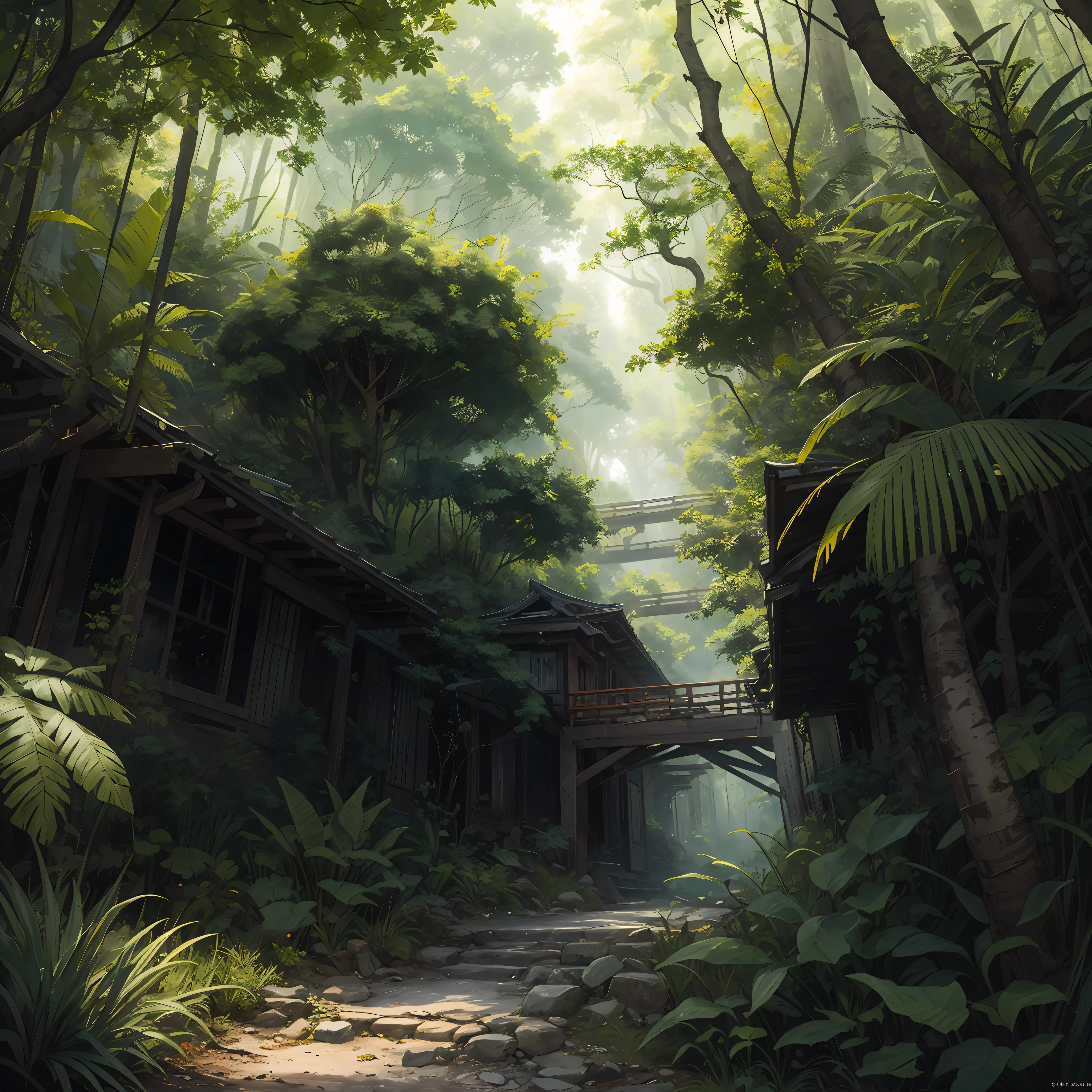 A detailed and intricate digital illustration of a dense jungle full of exotic flora and fauna, with sunlight filtering through the canopy creating a dappled effect. Yoshitaka Amano and Hayao Miyazaki's style, masterpieces, proportions, details, art station trends, beautiful lighting, realistic, intricate, award winning, 4k, highest quality award winning, 4K digital painting in the style of Yoshitaka Amano. A detailed and intricate depiction of the zombie apocalypse, masterfully capturing the chaos and drama of the scene. Beautiful lighting and cinematic composition make this piece a true masterpiece, trending on artstation