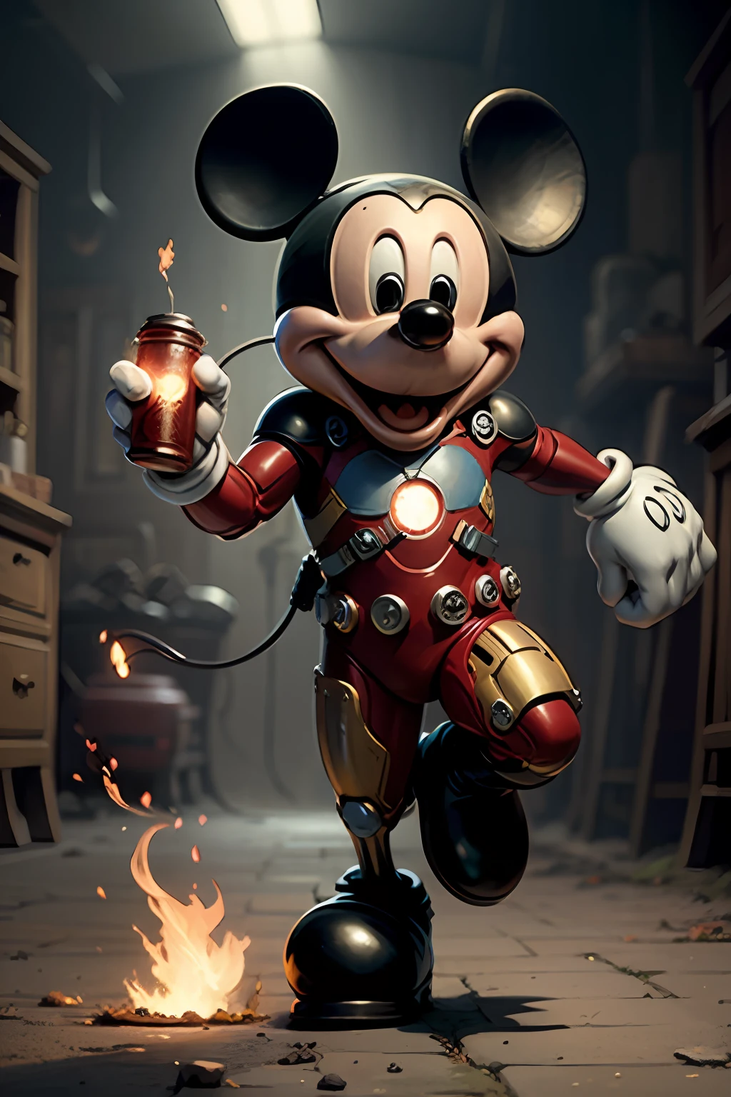 Mickey wearing a ironman suite, blue light