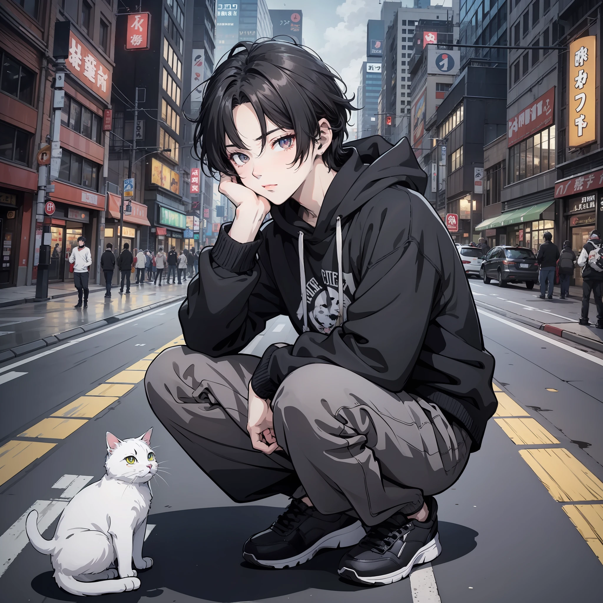 Roadside in a bustling city at night，A black bundle of hair，A young man of about 20 years old wearing a black sweatshirt，Crouching on the ground touching a white cat（Cinematic lighting 1.5）（Master masterpieces：1.4），Hyper-detailing，style of anime4 K，Anime rendering，style of anime。8K，（Handsome man 1.5）