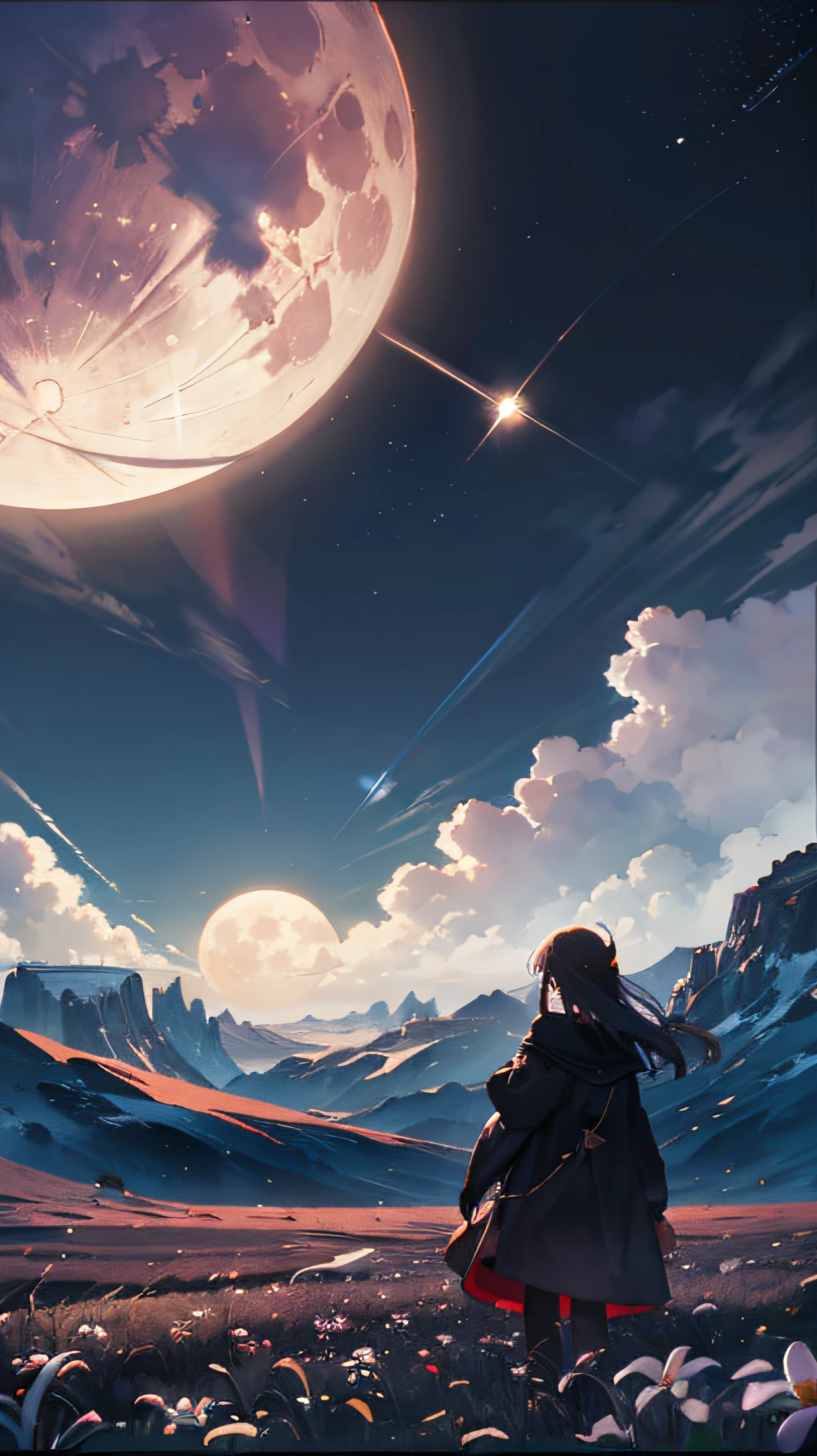 Expansive landscape photography, (una vista desde abajo que muestra el cielo arriba y el campo abierto abajo), a girl standing on a flower field looking up, (luna llena: 1.2), (estrellas fugaces: 0.9), (nebulosa: 1.3), distant mountain , tree BREAK production art, (warm light source: 1.2), (Firefly: 1.2), lamp, Lots of purple and orange, detalles intrincados, Volumetric Lighting BREAK (obra maestra: 1.2), (mejor calidad), 4k, ultradetallado , (dynamic composition: 1.4), detalles muy detallados y coloridos, (colores iridiscentes: 1.2), (bright illumination, luci