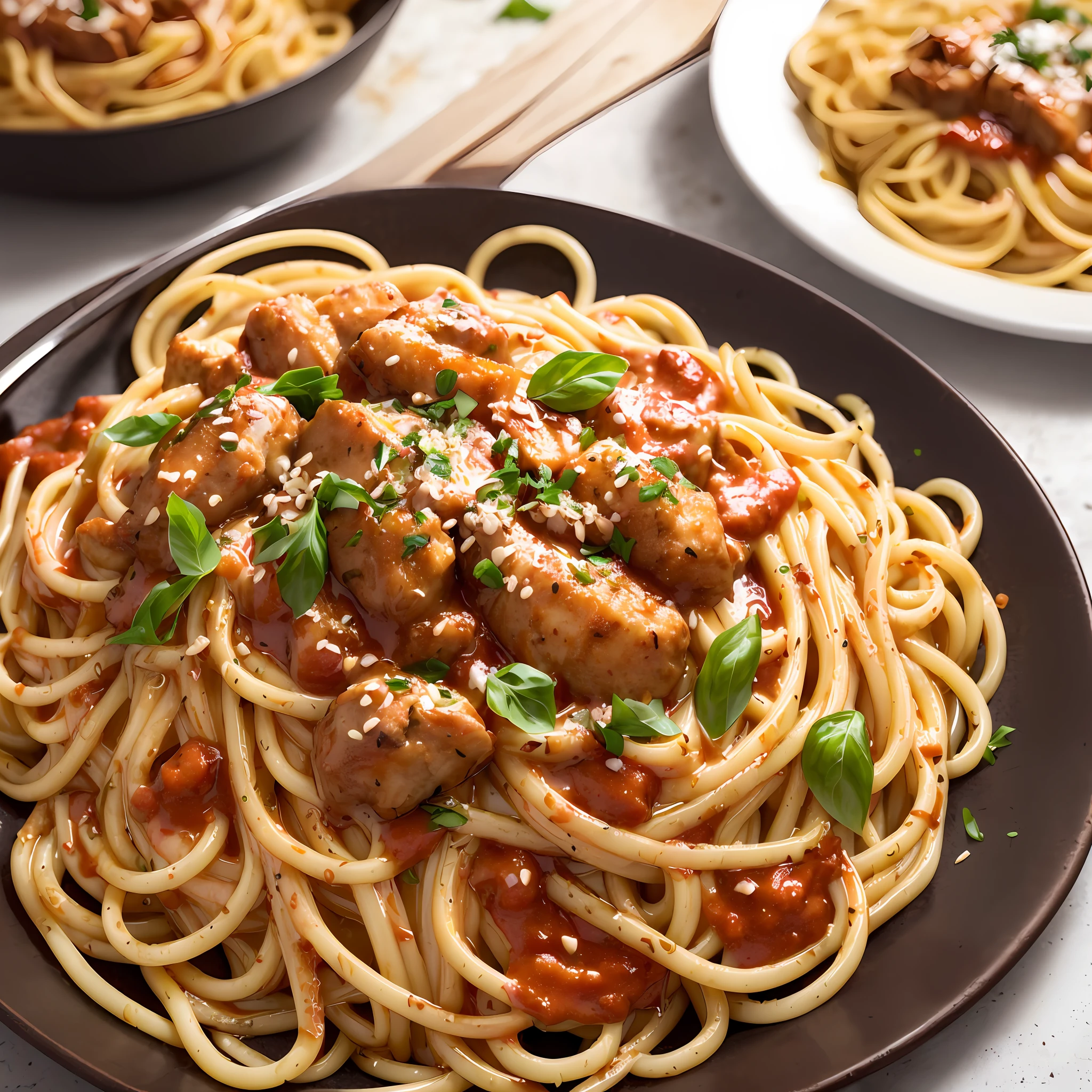 a closeup of a pasta with red sauce on a plate,juicy noodles, high quality food photography, noodles, easy, (ultra realistic, realistic and coherent, mixed art, professional food photography, ready to eat, an ultra realistic, looks realistic, a hyper realistic, very very realistic, incredibly realistic, noodles, 4k food commercial, very realistic