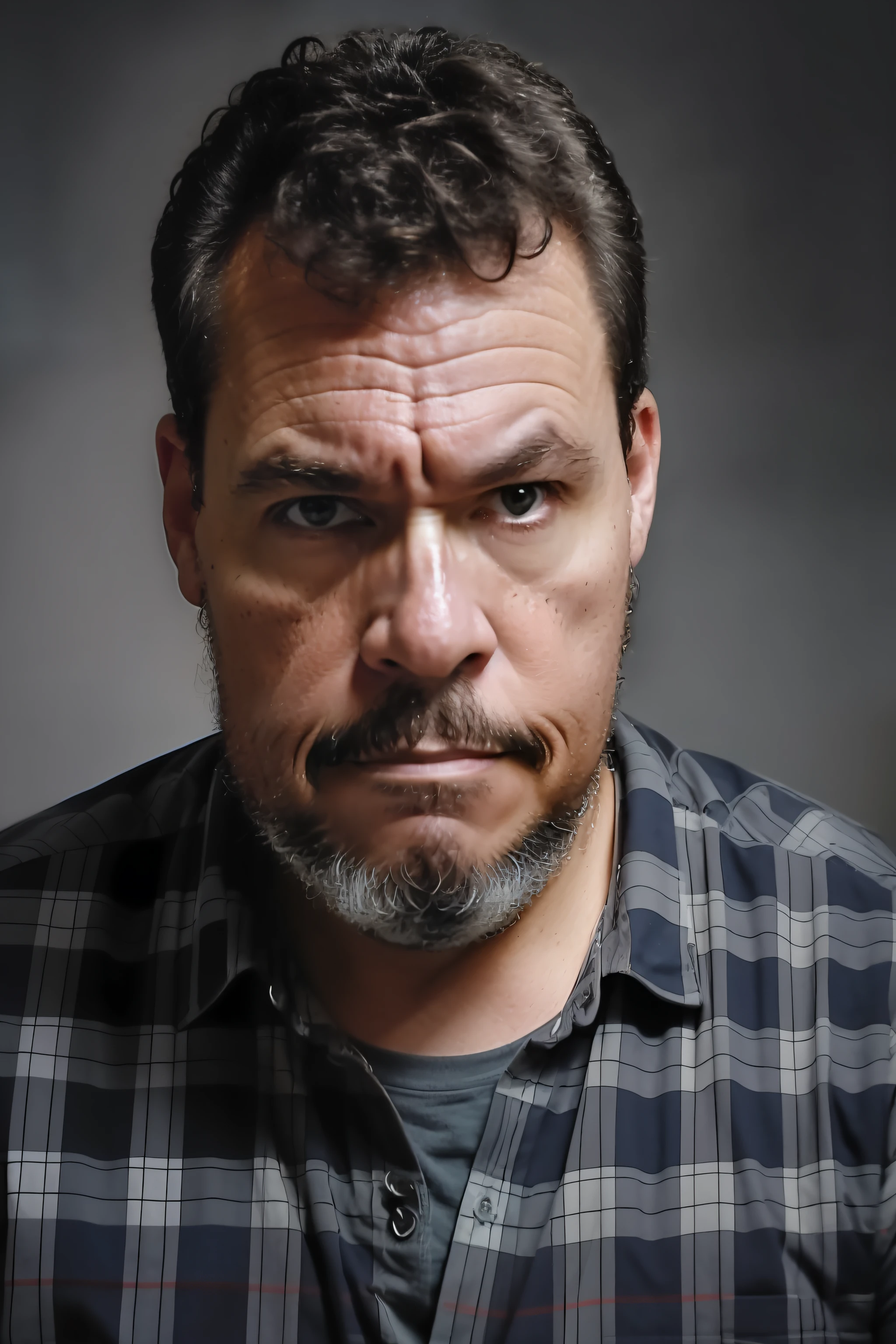 guttonerdvision4, arafed man with a beard and a plaid shirt looking at the camera, retrato headshot do personagem, cinematic headshot portrait, homem de meia-idade, foto retrato realista, realistic studio portrait, Um retrato de Josh Brolin, homem de cabelos grisalhos escuros, Close Up foto retrato, Directed by: Ben Zoeller, Homem na casa dos 40 anos, retrato fotografia realista, Retrato de Mark Hammil