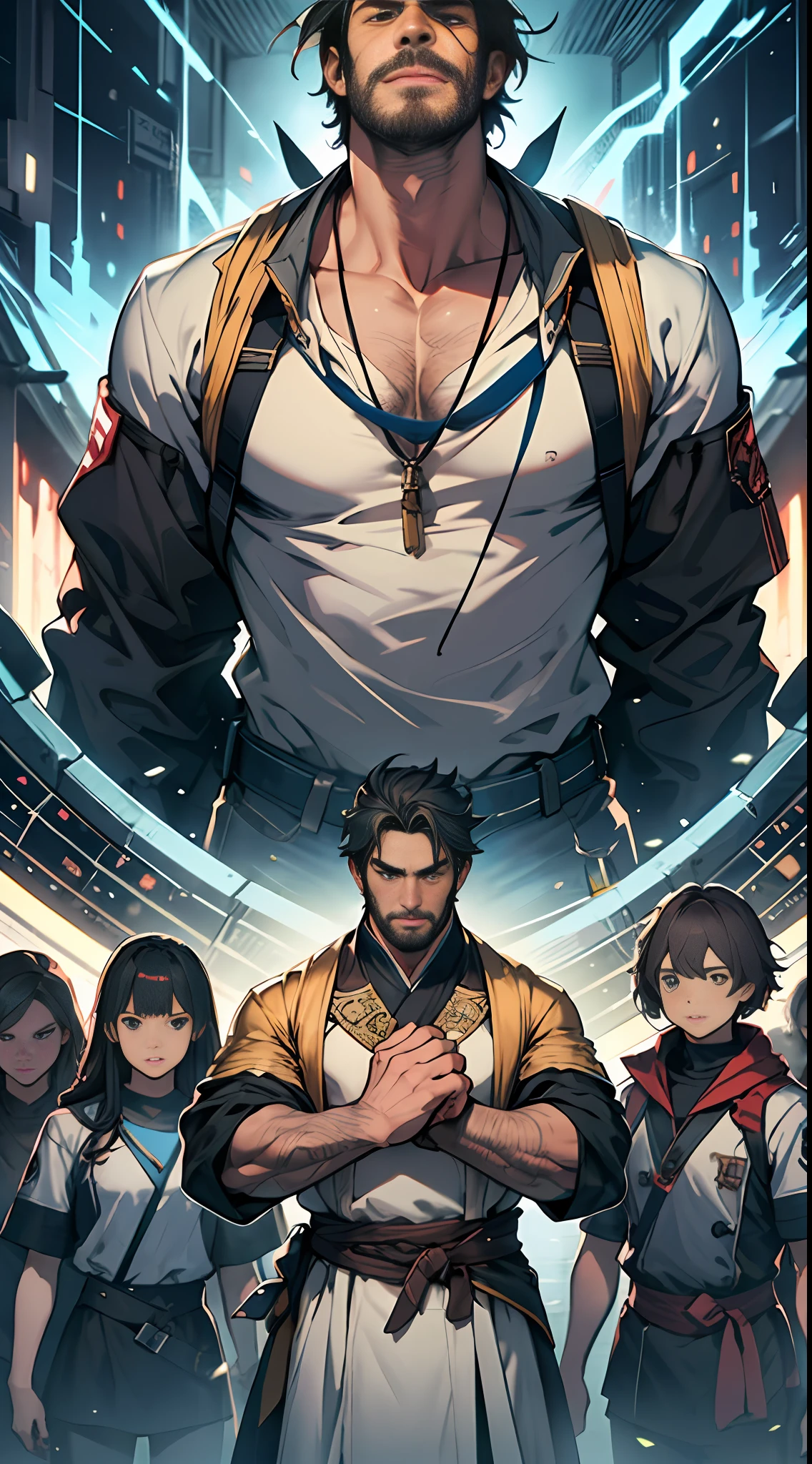 Best quality, 巨作, Super detail, A tall man standing in the center of the Spirit and Goodness team, surrounded by a group of reliant companions, Determined gaze，There was an expression of hope and anticipation on his face.