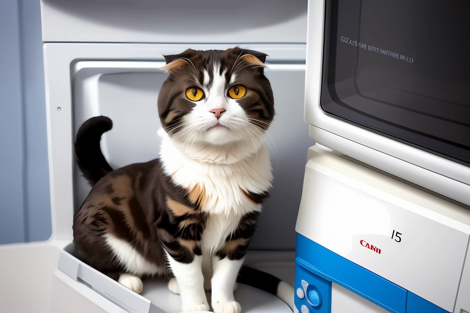 there is a cat sitting on top of a washing machine, scottish fold, taken with canon 5d mk4, taken with canon eos 5 d mark iv, the cat is smiling, taken with canon 8 0 d, Photo taken with Nikon D 7 5 0, Photo taken with Nikon D750, taken with canon eos 5 d, taken with sony alpha 9