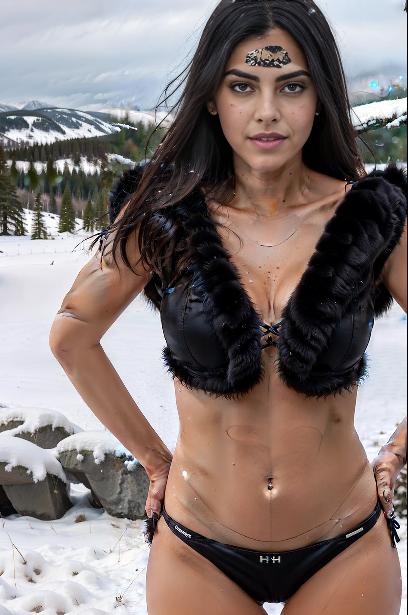AriDug, masutepiece, Sharp Focus, a photorealistic, award winning hyper realistic zoomed in portrait photo of (Ari Dugarte:1) で (black fur bikini:1.2), ((snowscape)), (sharp focused background), 8K Ultra HD, 4K, (ultra hi definition photo), Highest Quality, Best quality,