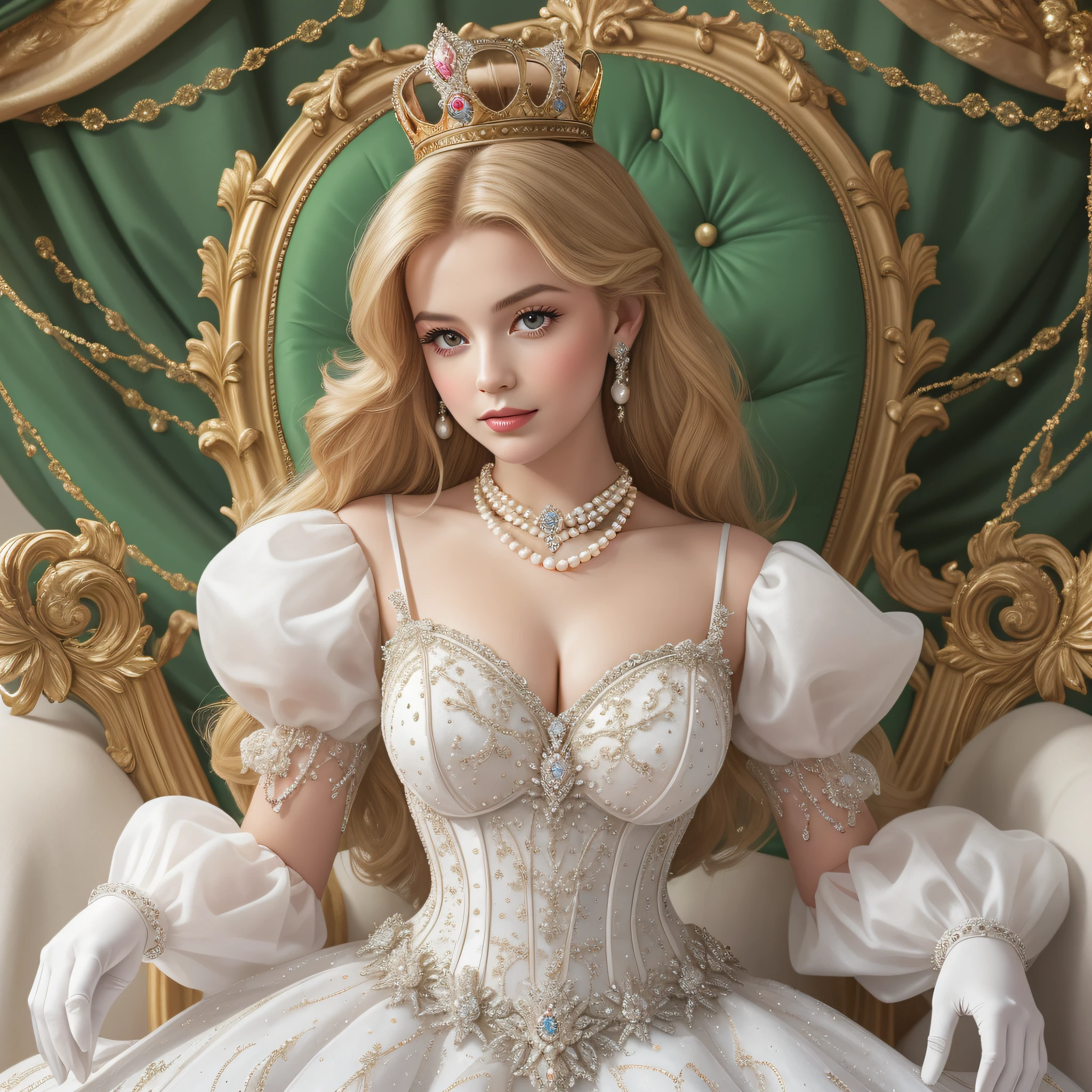 1950s royal style, Formal and Official Coronation Portrait, Portrait of a stunningly beautiful young blonde Queen wearing A Stately and Elaborate Royal Cinderella Ballgown with (((enormous puffed sleeves))) and an hourglass waist, adorned with bows, embroidery, and jewels, long white gloves, pearl necklace and earrings