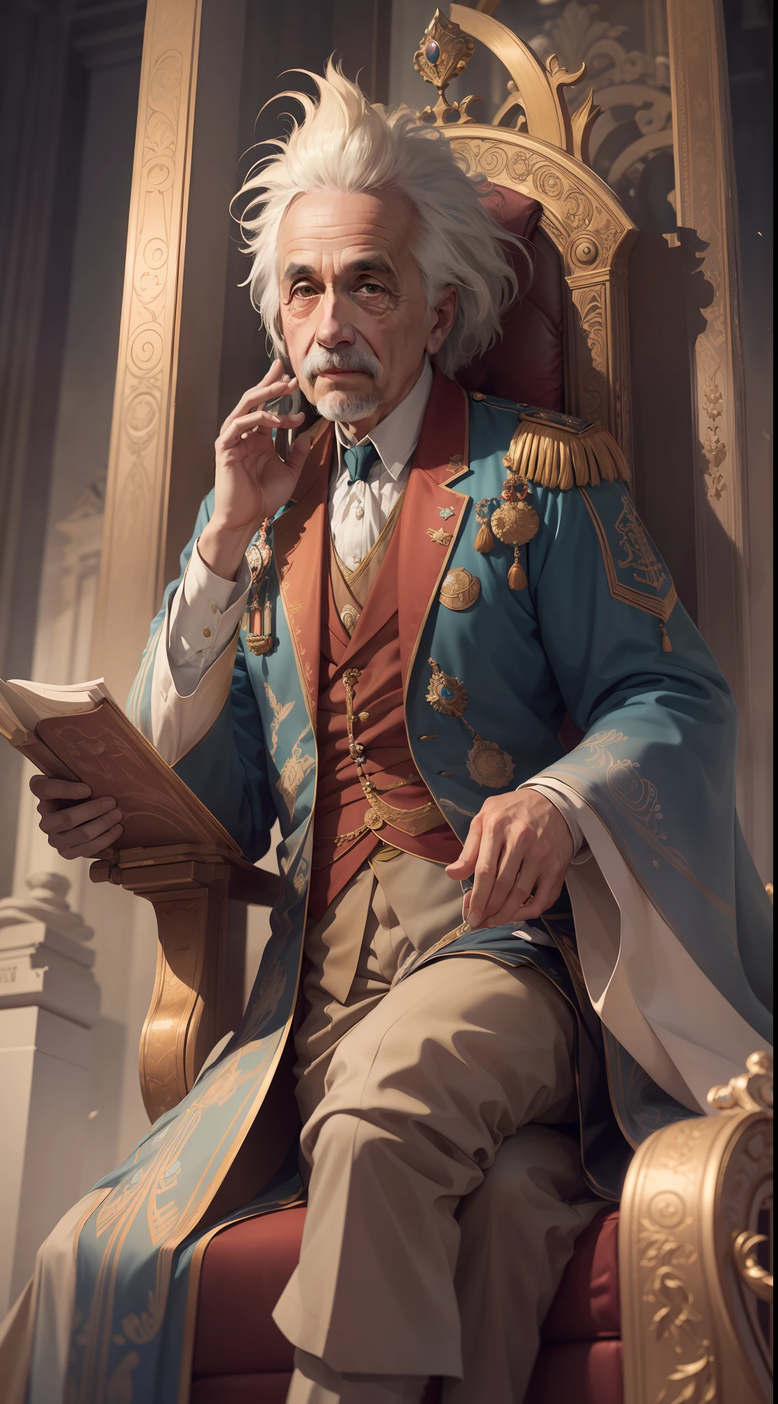 "An ultra-detailed and beautiful illustration of Albert Einstein as a majestic king, sitting regally on his throne with impeccable color grading."