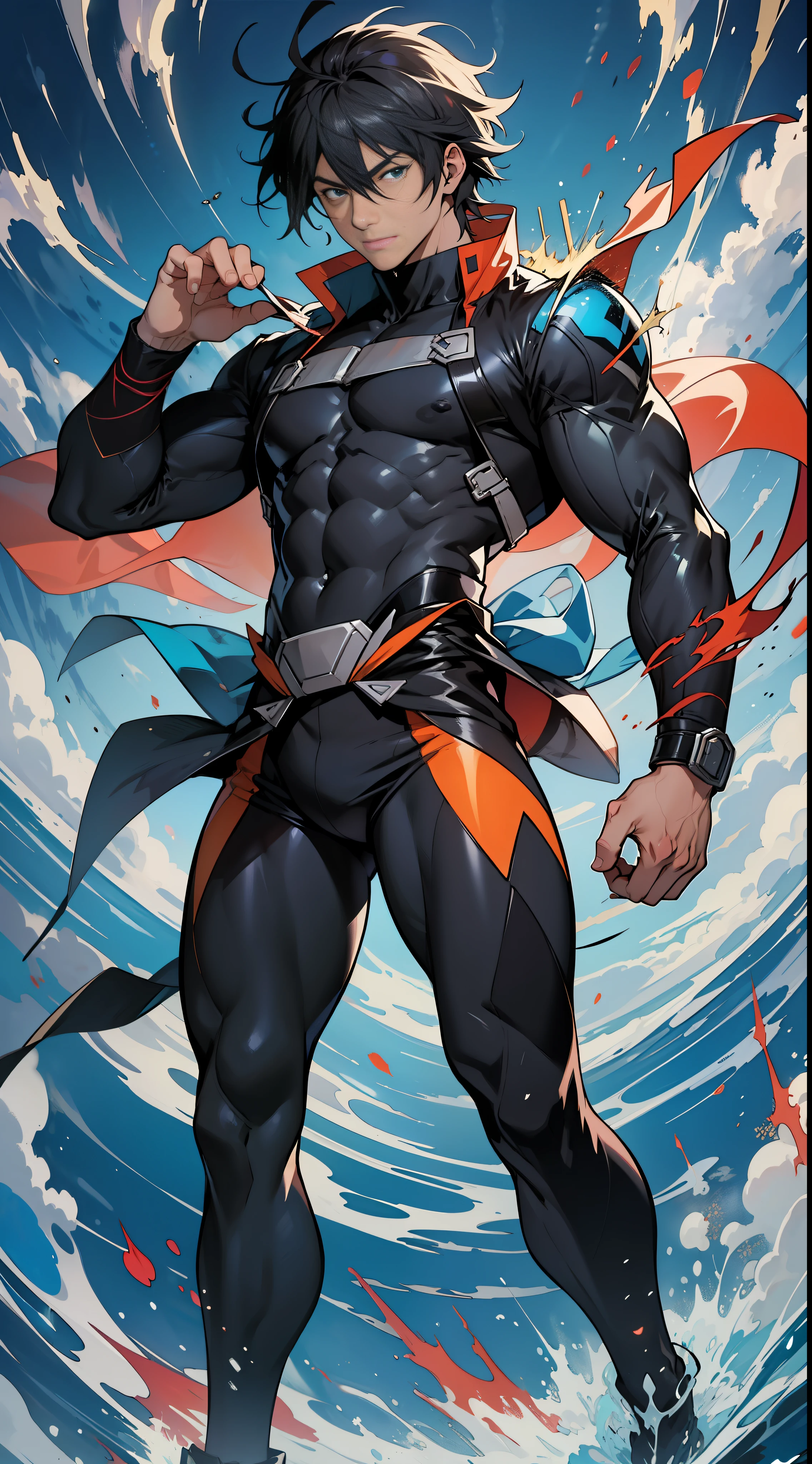 32K, Best quality, Masterpiece, Super detail, hight detail,Jump into exploding anime male characters, in the style of light black and dark azure, meticulous design, poolcore, kanō school, low bitrate, gutai group, 1st version ,