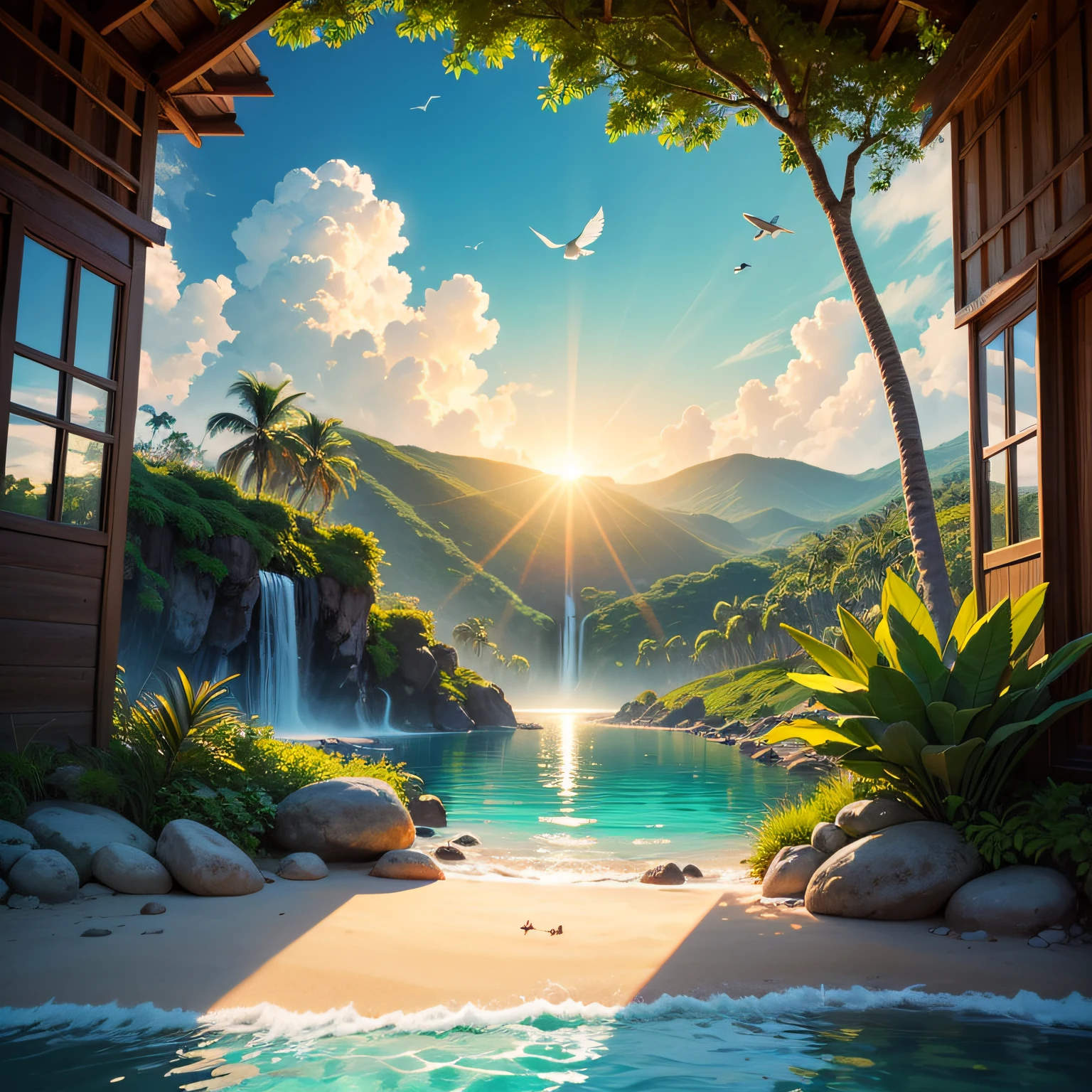A painting depicting a paradisiacal setting of a tropical island, with white sand beaches and crystal clear turquoise waters.
Coqueiros altos e esbeltos alinhados ao longo da costa, swaying gently in the wind.
A thatched hut by the sea, com redes penduradas, convidando ao relaxamento.
A diversity of exotic animals, like colorful parrots flying among the trees and dolphins jumping in the waves.
Flores tropicais exuberantes em uma variedade de cores vibrantes, including orchids, Hibiscus and Bromeliads.
Uma cachoeira deslumbrante, with water falling into a lake surrounded by lush vegetation.
Pessoas desfrutando das atividades ao ar livre, como mergulho, surfe e ioga na praia.
The sunset painting the sky with soft shades of orange, rosa e dourado, reflecting in the calm waters.
A sense of serenity and harmony with nature, transmitindo uma atmosfera relaxante e revitalizante.
Detalhes minuciosos das texturas, like soft sand under your feet, the bright feathers of the birds and the drops of water from the waterfall.
Uma paleta de cores rica e luminosa, destacando a beleza natural e a vivacidade do ambiente tropical. --auto