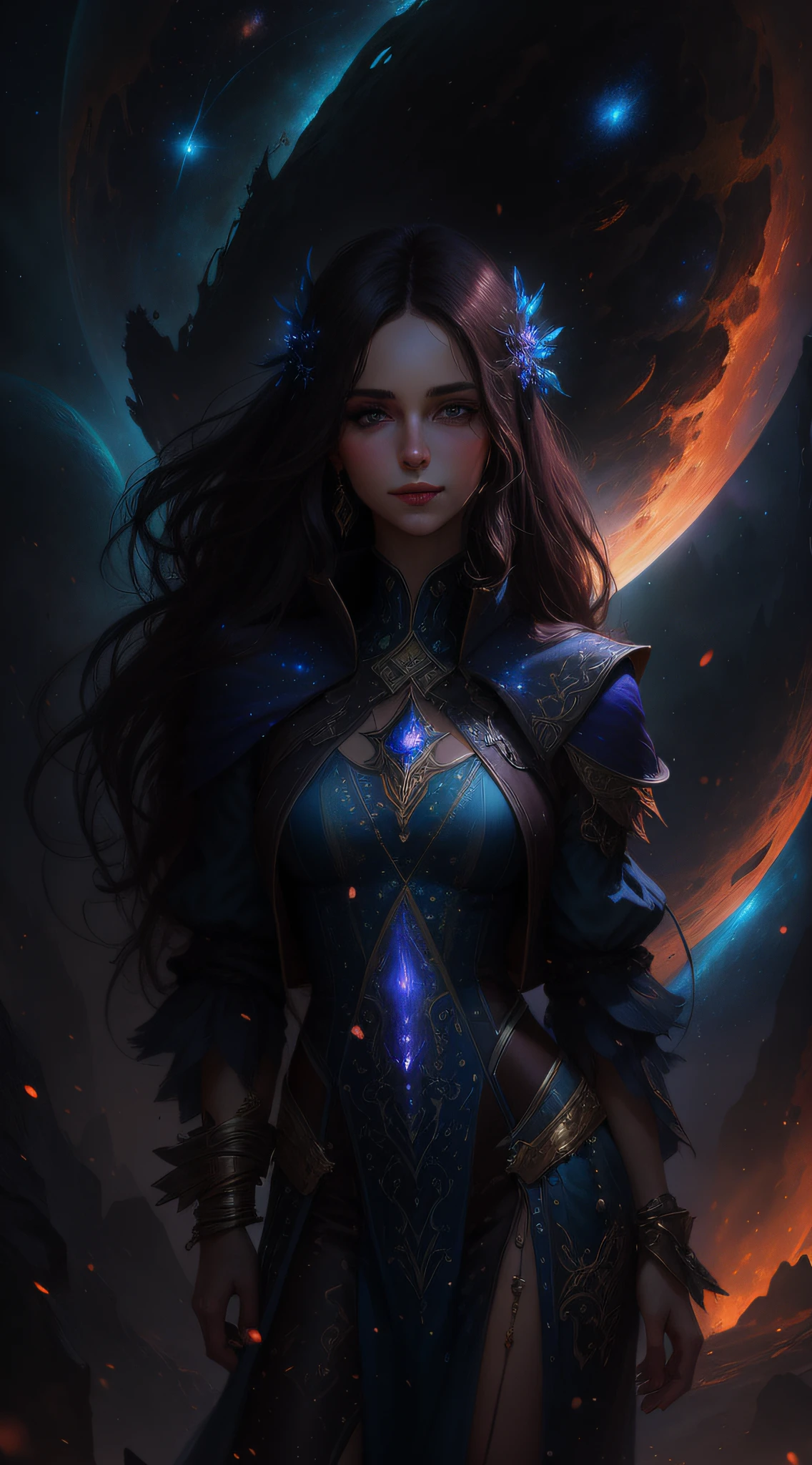 Mulher branca, sorriso discreto, olhos alaranjados, olhar penetrante, with straight hair and a blue dress in front of a galaxy, Epic Fantasy Digital Art Style, Epic fantasy art style, estilo de arte de fantasia, arte de estilo fantasia escura, epic fantasy art portrait, Jen Bartel, arte fantasia behance, epic fantasy art, 8k arte impressionante, Charlie Bowater Cores Profundas Ricas, arte digital de fantasia detalhada