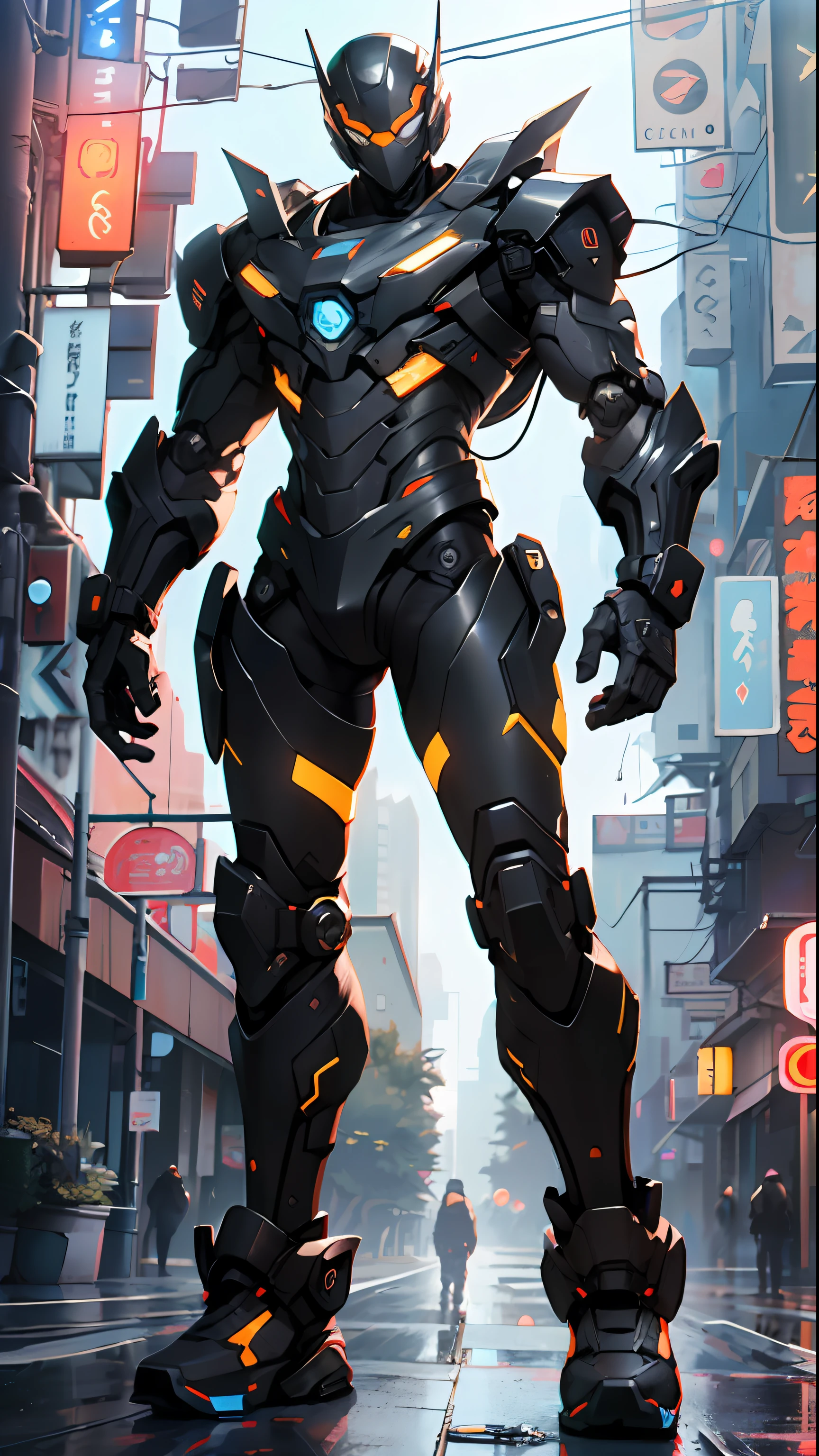 Imposing black plastic metal android robot, three meters tall and with a minimalist design that highlights its marked metallic musculature. His head is smooth and adorned with RGB lights that highlight his uniqueness and futurism.

He carries a metal backpack on his back that contains drones, turrets, and firearms. The backpack has spidery legs that allow it to move quickly.

Although most of his body is a deep, glossy black, there are orange, purple, and blue details that highlight his striking, futuristic design. It is undoubtedly an impressive creation that does not go unnoticed.


(dynamic pose:1.0), solo focus, centered, scale to fit dimensions, Rule of thirds,

outdoors, (cyberpunk Background: 1.5, detailed background:1.25),

(Isometric: 1.0), double exposure, (masterpiece, best quality:1.3), (highres:1.5), absurdres, ultra detailed, cinematic light, realistic, ultra-realistic, high contrast, extraordinarily nice, vibrant colors,  (intricate), HDR (High Dynamic Range),Ray Tracing,NVIDIA RTX,Super-Resolution,Unreal 5,Subsurface dispersion, PBR texture, Post-processing, Anisotropic filtering, Depth of field, Maximum clarity and sharpness, Multilayer textures, Albedo and specular maps, Surface shading, Accurate simulation of light-material interaction, Octane Render, Two-tone lighting, Wide aperture, Low ISO, White balance, 8K RAW, Saturation boost,
