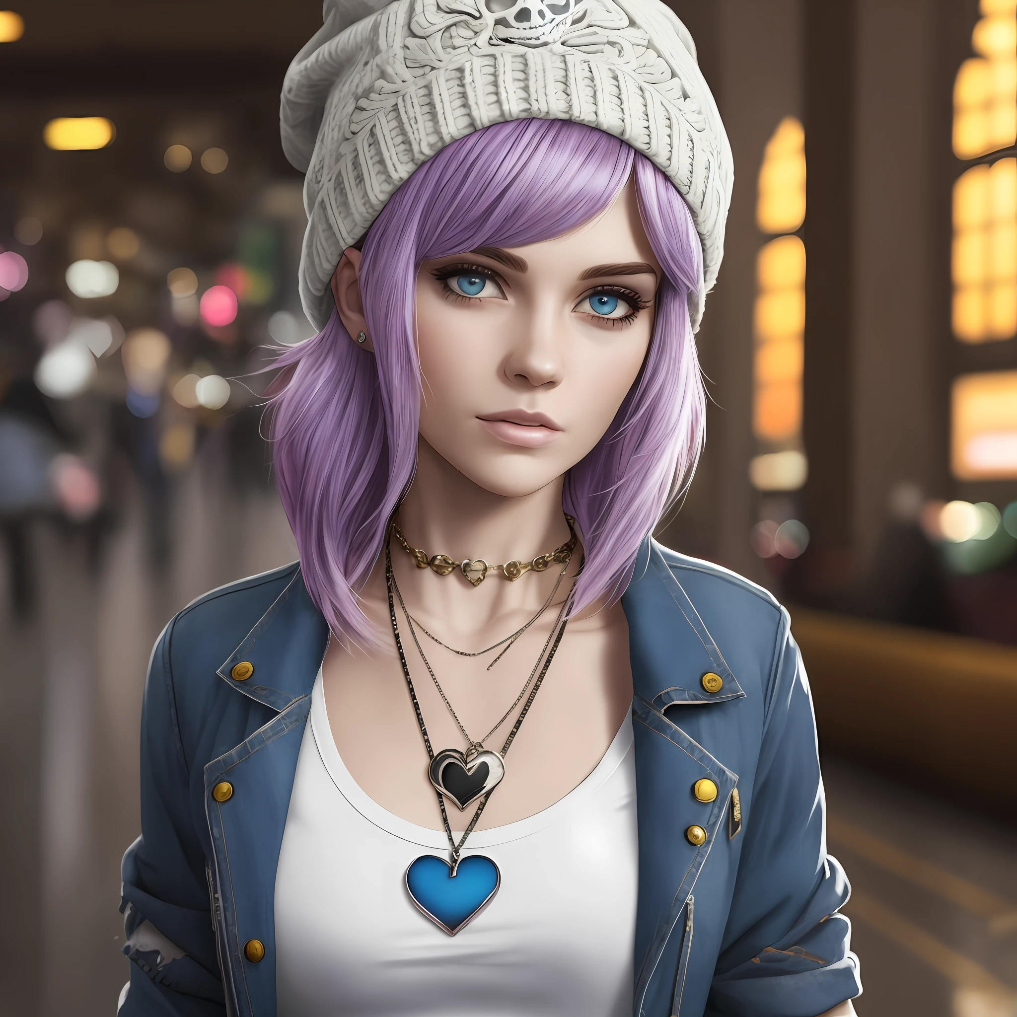 Chloe Price, at the the Grand Central Terminal, cinematic, medium shot, whole head in frame, detailed face, detailed eyes, evening, punk aesthetic, pale blue ripped jeans, braces, suspenders, black boots, white shirt, skull, heart, necklace, chain, bullets, black leather jacket, beanie hat, dark blue beanie, tattoo sleeve, right arm, intricate design, flowers, yellowed skull, dyed hair, light purple roots, blue ends, navy T-shirt, rock, chick