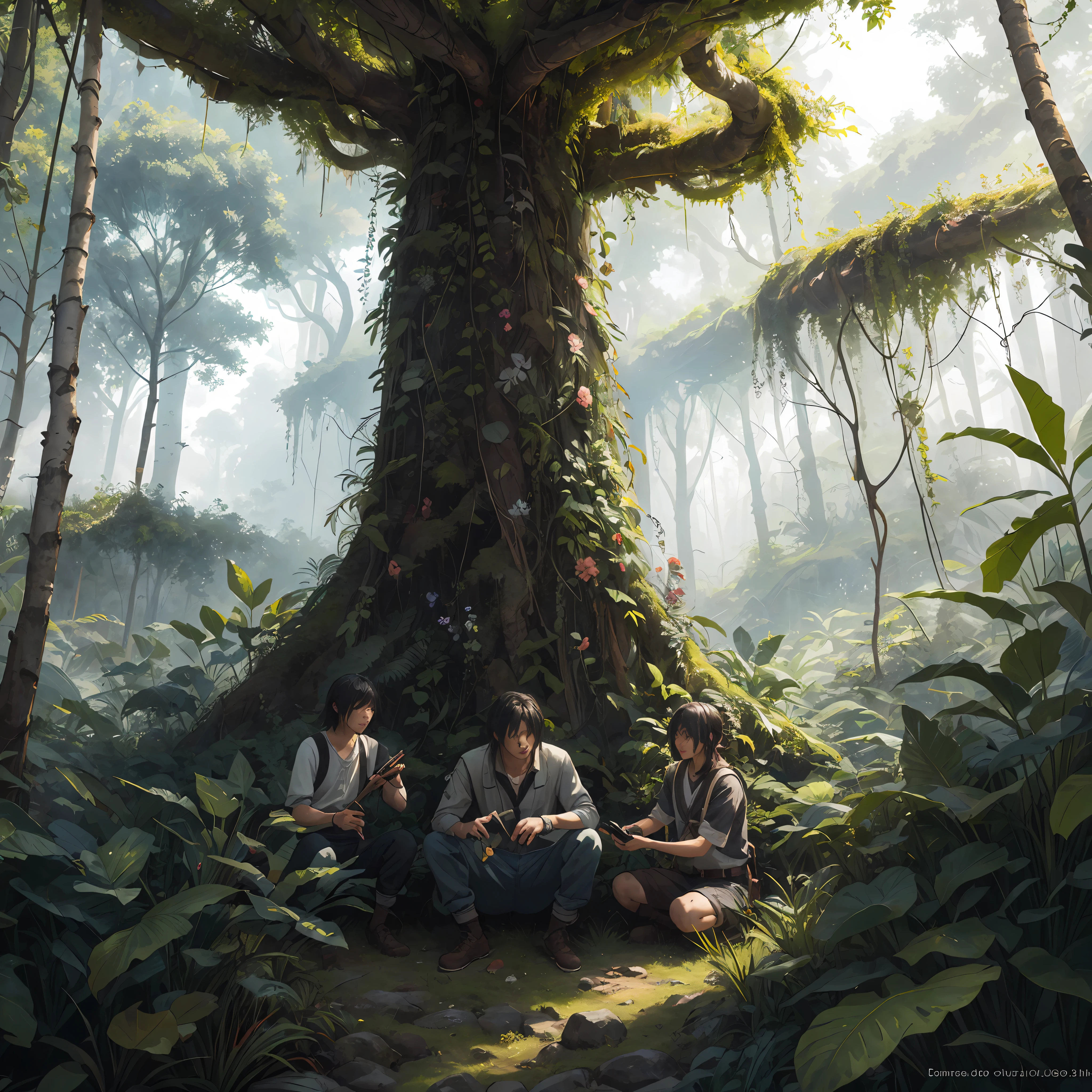 A detailed and intricate digital illustration of a dense jungle full of exotic flora and fauna, with sunlight filtering through the canopy creating a dappled effect. Yoshitaka Amano and Hayao Miyazaki&#39;s style, masterpieces, proportions, details, art station trends, beautiful lighting, realistic, intricate, award winning, 4k, highest quality award winning, 4K digital painting in the style of Yoshitaka Amano. A detailed and intricate depiction of the zombie apocalypse, masterfully capturing the chaos and drama of the scene. Beautiful lighting and cinematic composition make this piece a true masterpiece, trending on artstation