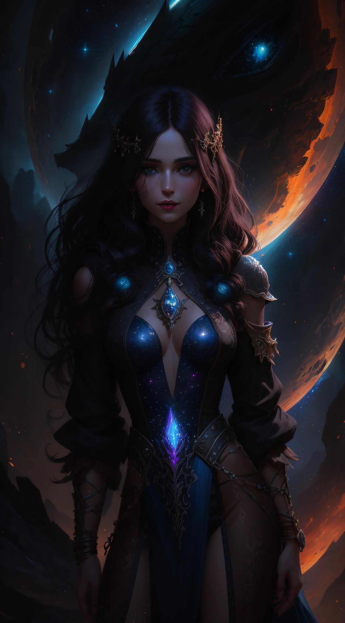 Mulher branca, sorriso discreto, olhos alaranjados, olhar penetrante, with straight hair and a blue dress in front of a galaxy, Epic Fantasy Digital Art Style, Epic fantasy art style, estilo de arte de fantasia, arte de estilo fantasia escura, epic fantasy art portrait, Jen Bartel, arte fantasia behance, epic fantasy art, 8k arte impressionante, Charlie Bowater Cores Profundas Ricas, arte digital de fantasia detalhada