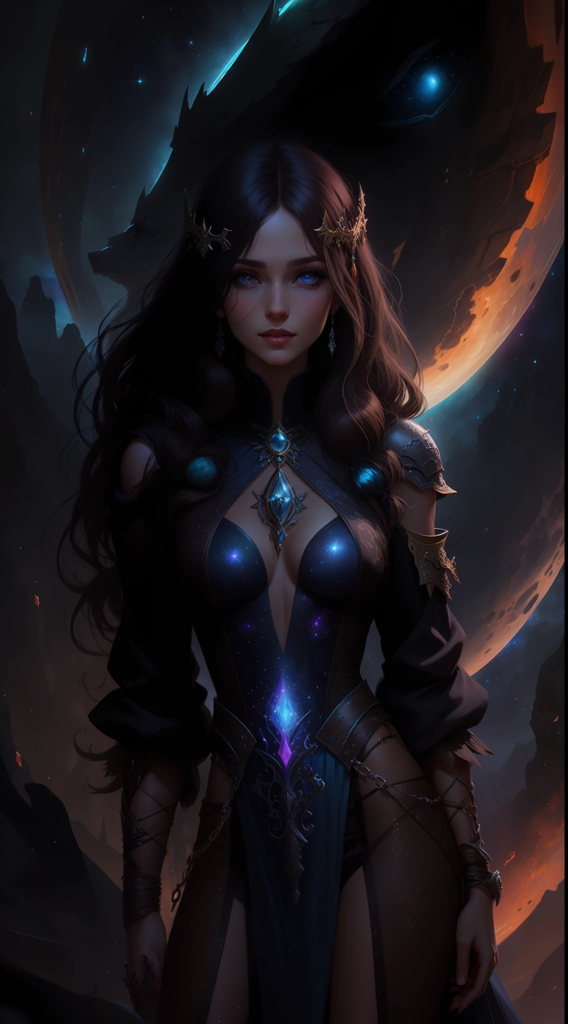 Mulher branca, sorriso discreto, olhos alaranjados, olhar penetrante, with straight hair and a blue dress in front of a galaxy, Epic Fantasy Digital Art Style, Epic fantasy art style, estilo de arte de fantasia, arte de estilo fantasia escura, epic fantasy art portrait, Jen Bartel, arte fantasia behance, epic fantasy art, 8k arte impressionante, Charlie Bowater Cores Profundas Ricas, arte digital de fantasia detalhada