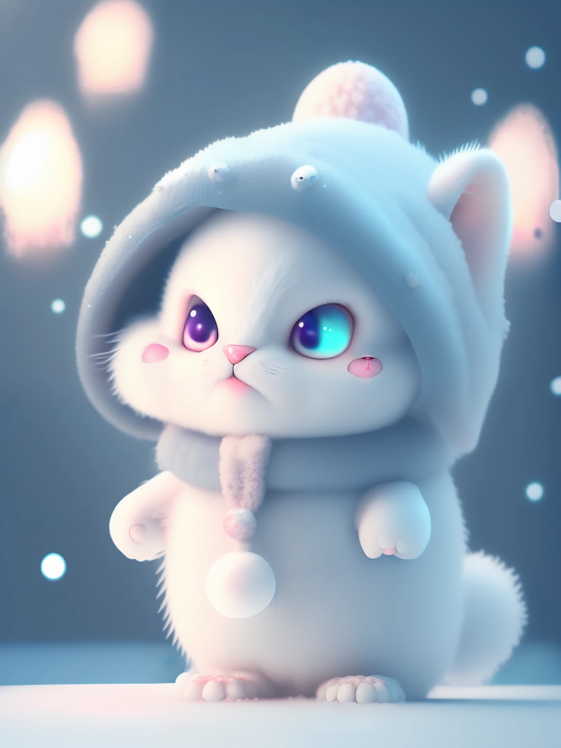 a cute little cat+Snow-white furry，Big bright eyes，A sweet smile，A sweet smile，Open-mouthed！！！，Dress up as a fashion model，Wearing a stylish suit with pink crystal texture，Hats and handbags，Snow white fluffy，Big bright eyes，Big bright eyes，standingn，Fluffy tail，Winter rises，The snow flutters gently，Extremely detailed 3D animation renders symmetrical center position， Super realistic， super detailing， posh， 3， 电影灯光， ultra clear details， Ultra-transparent material， Close-up of， complex texture， rendering by octane， zbrush， 8K， Ultra-realistic UREAL，Open-mouthed！！！，rightward！！！