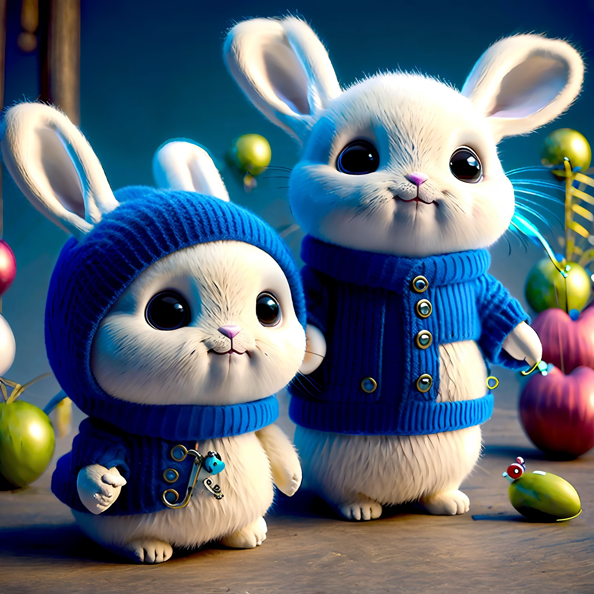 Rabbit white and blue with large safety pins in the ears Tim Burton