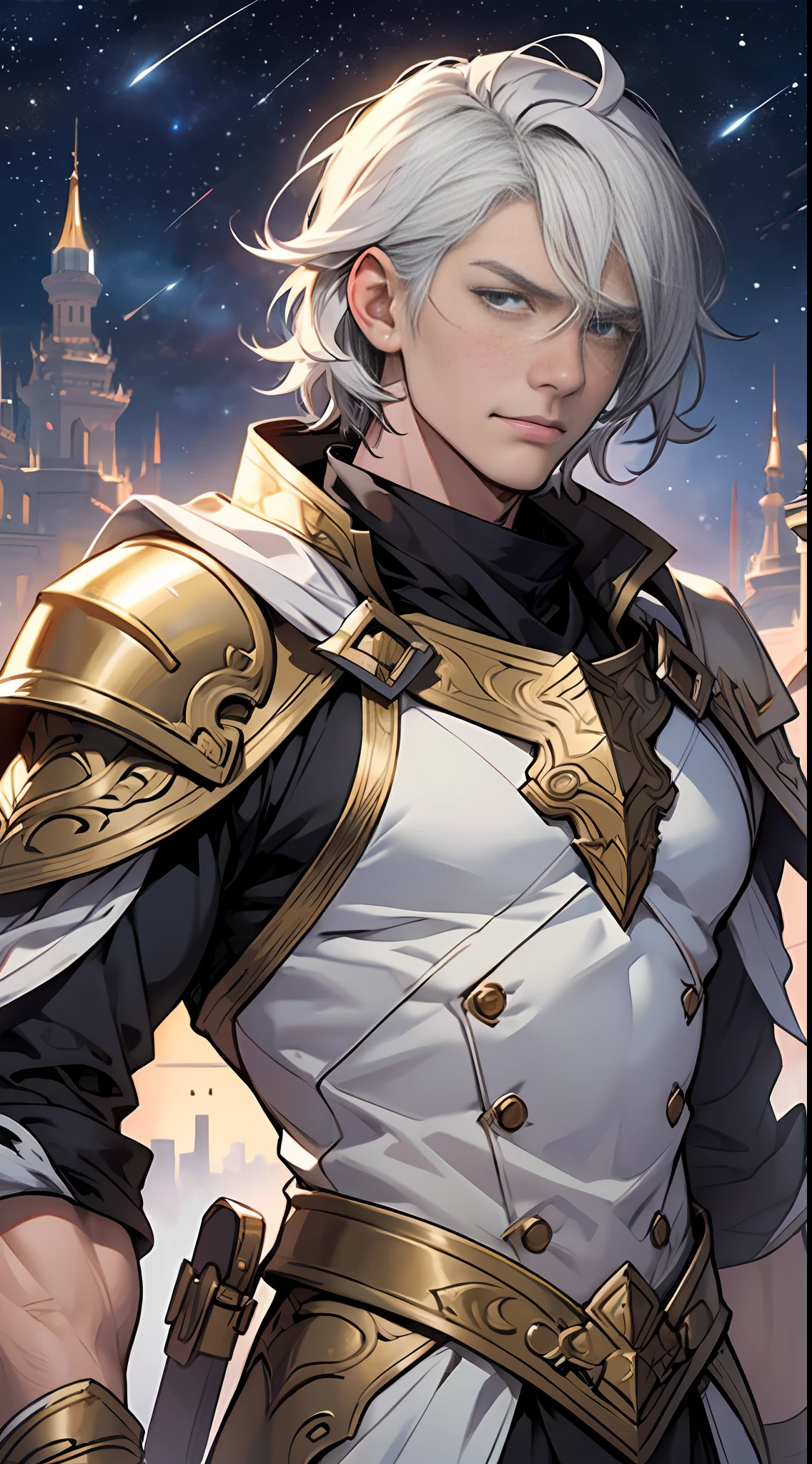 Best quality, 巨作, Super detail, A tall man standing in the center of the Spirit and Goodness team,gray hairs,Wearing white armor, Depended on a group of companions(hemmed:1.2), Determined gaze,There was an expression of hope and anticipation on his face.,in the style of the stars art group xing xing,