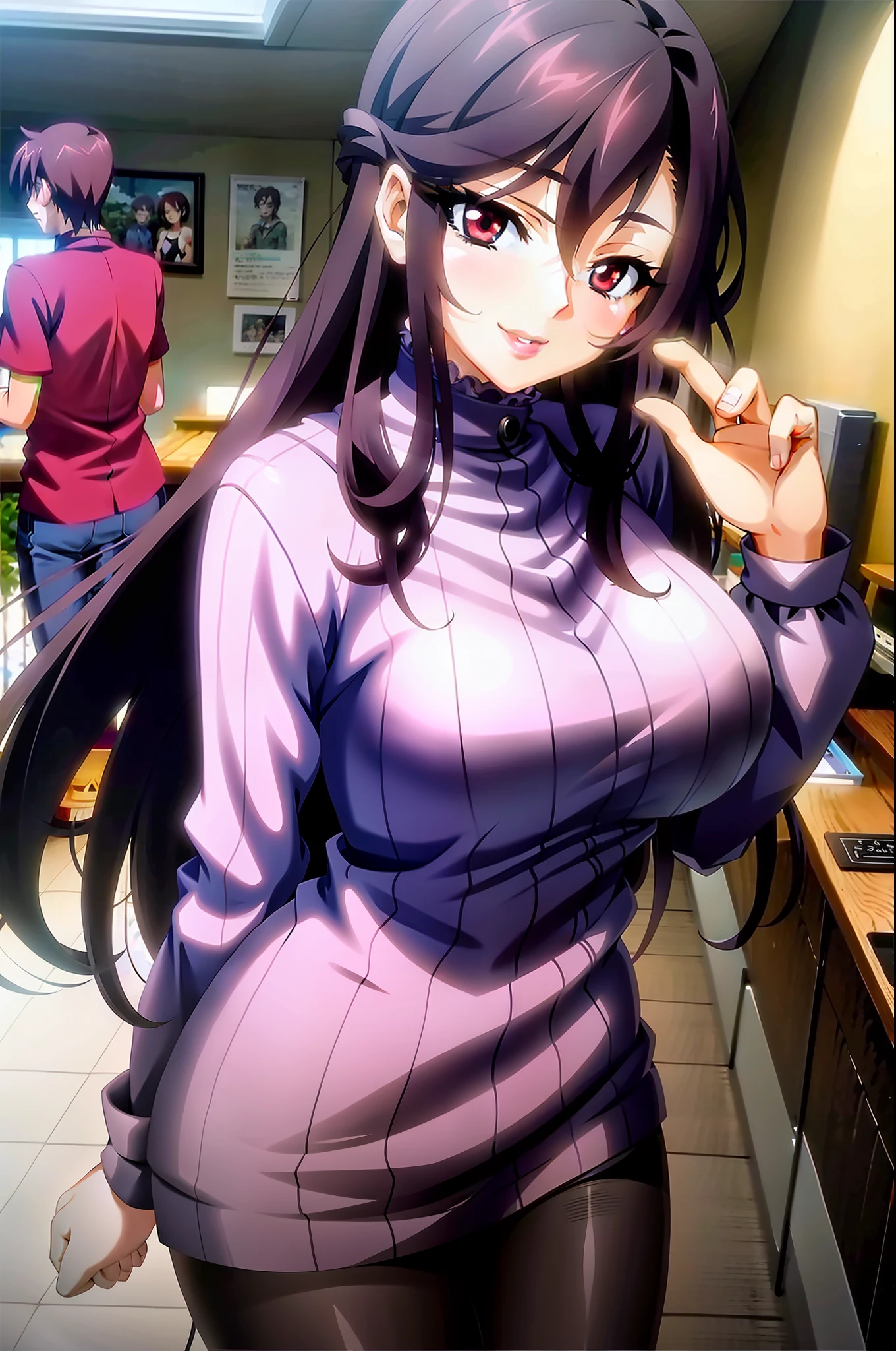 anime girl with long black hair and a red shirt posing in a room, Tohsaka also., Anime Moe Artstyle, OPPAI, (SFW) Seguro para el trabajo, seductora chica de anime, Estilo anime ecchi, Novela visual CG, ; Novela visual, Marin Kitagawa Fanart, Anime CG arte suave, sonrisa burlona, Pintado en Anime Painter Studio, Atractiva chica de anime