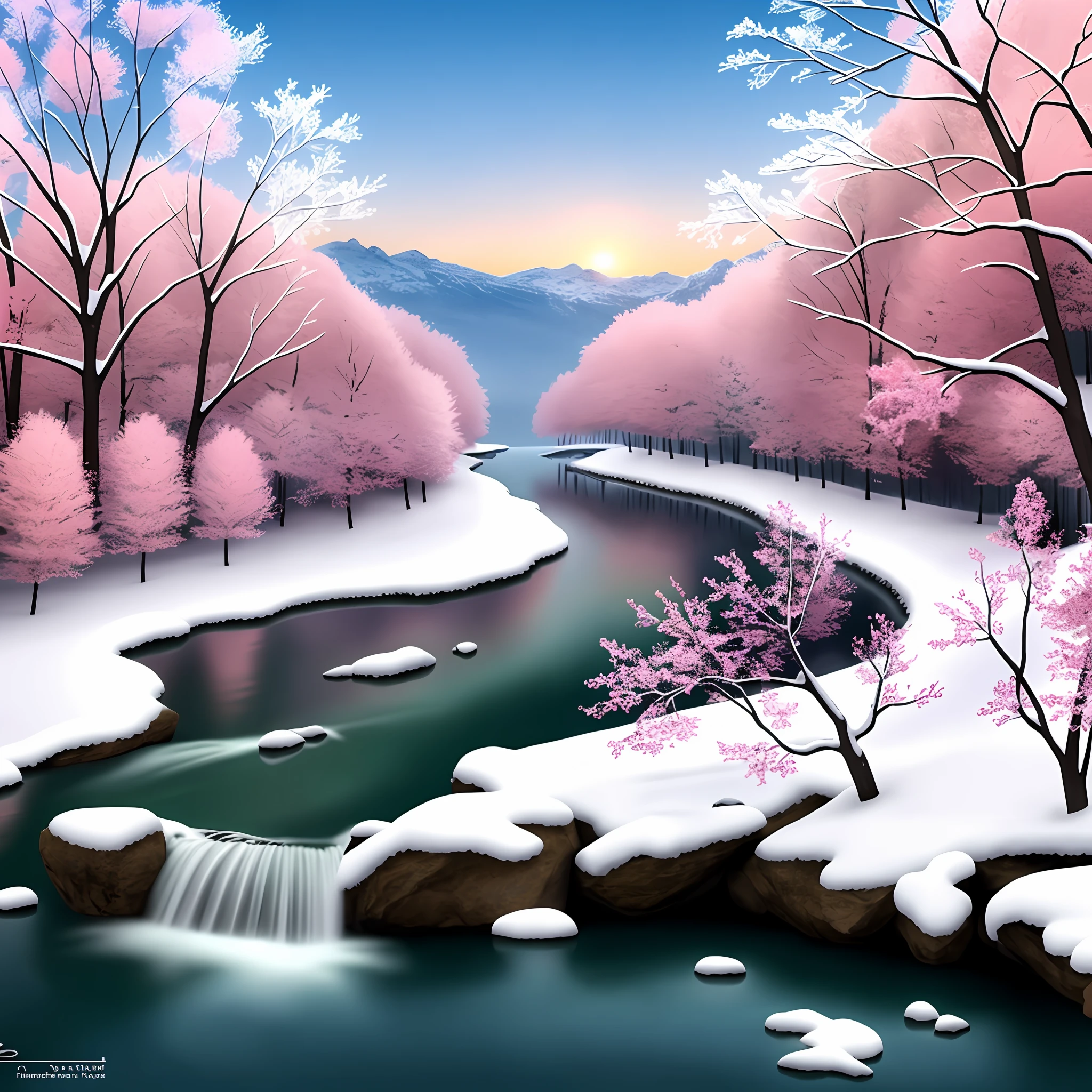 snowy river with pink trees and snow covered mountains in the background, beautiful snowy landscape, anime beautiful peace scene, really beautiful nature, very beautiful scenery, very beautiful digital art, pink waterfalls, beautiful digital painting, very very beautiful scenery, beautiful winter area, anime nature, detailed scenery —width 672, winter scene fantasy, beautiful nature, anime nature wallpap