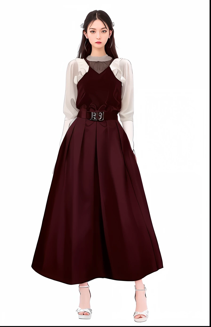 A woman in a dress,Belt and white shirt, Women's long skirt, long dress with apron, in detailed steampunk dress, art nouveau dress, gothic dress, georgian dress, romantic gown, victorian style costume, ornate dark red opulent clothing, victorian dress, vintage gothic gown, baroque dress, fantasyoutfit, fantasy style clothing, victorian inspired clothing, Tooling --- im2