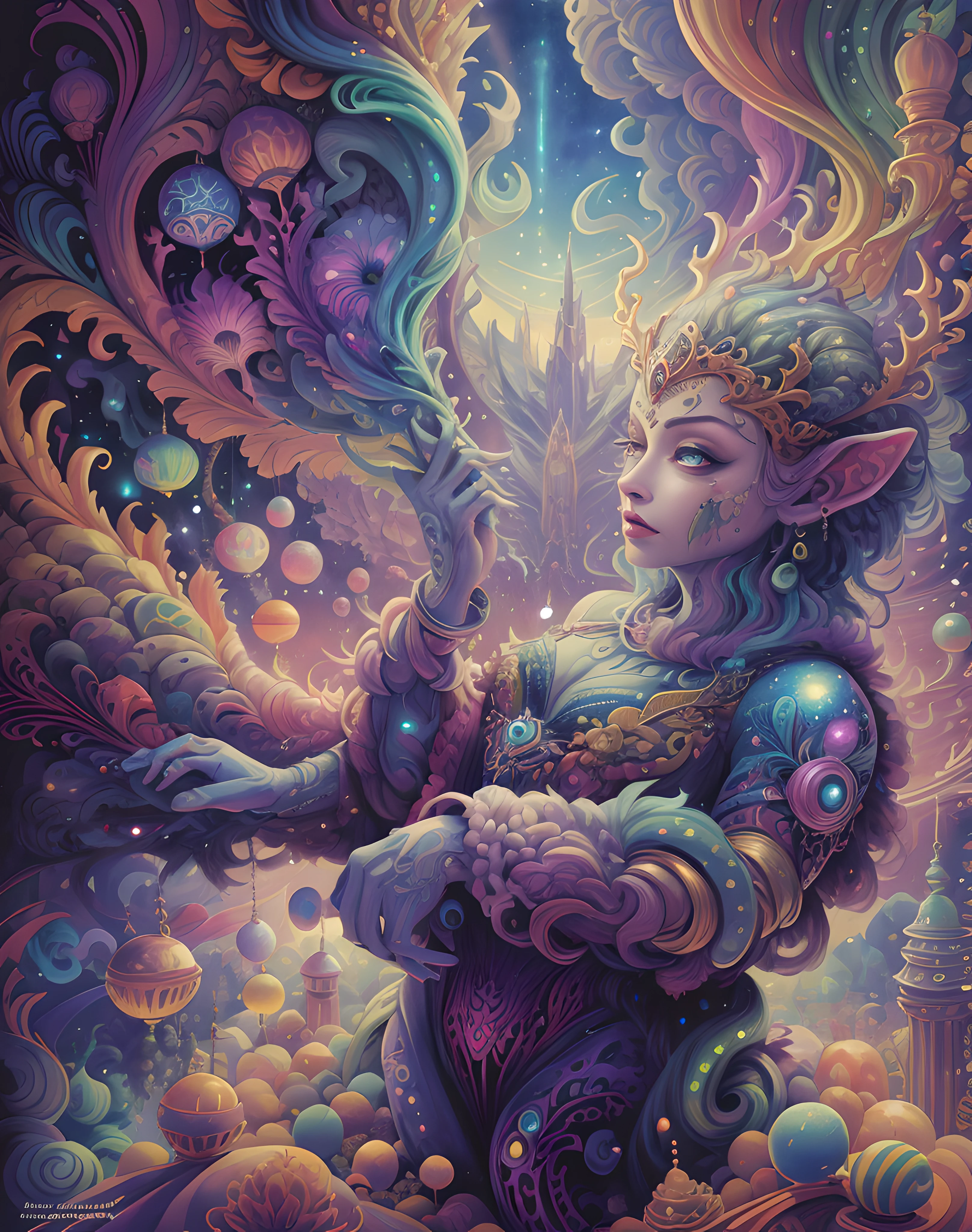 a painting of a woman holding a sword in a fantasy world, detailed fantasy digital art, intricate fantasy painting, detailed fantasy art, beeple and jeremiah ketner, detailed fantasy illustration, psytrance artwork, detailed digital 2d fantasy art, highly detailed fantasy art, astral fairy, psychedelic organic cyborg, fantasy art behance, colorfull digital fantasy art, digital fantasy illustration