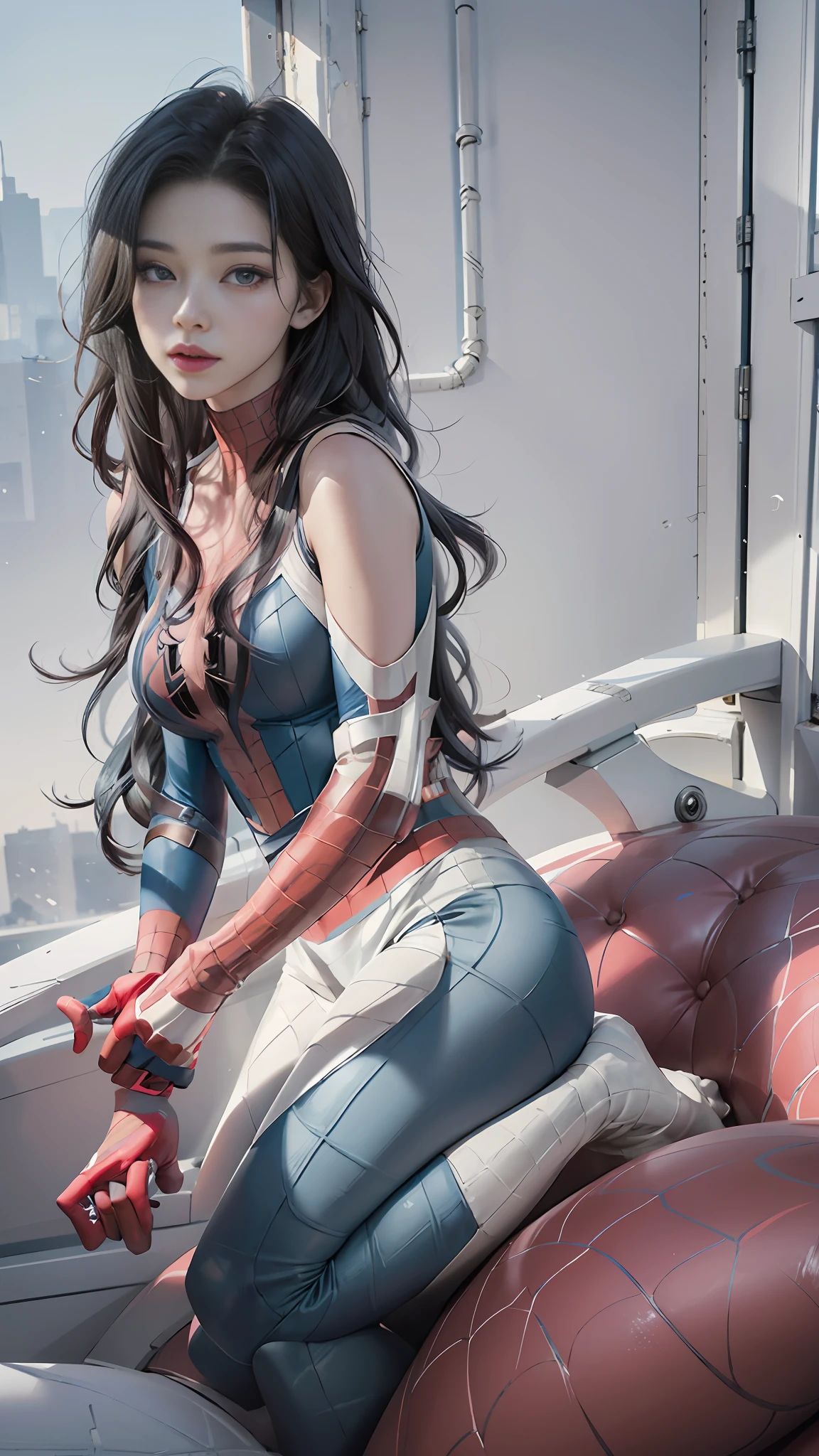（​masterpiece，4K分辨率，Ultra photo realsisim，abundantly detailed），（White superhero theme，Glamorous，there's a girl on top of town，wearing spiderman costum，she is a superhero），[（（25years old），（grey long hair：1.2），fullllbody，（blue eyess：1.2），（（Spider-Man pose），Show power，（（sandy urban environment）：0.8）|（Cityscapes，the night，dynamic lights），（moon full））] # illustrated：The Prompt mainly describes a 4K painting of ultra-high definition，Very realistic，abundantly detailed。It showcases superheroines at the top of the city，wearing spiderman costum。The subject in the painting is a white superhero theme，The heroine has long white hair，He is 25 years old，The entire figure is shown in the painting。In terms of depicting the actions of superheroines，Spiders were used
