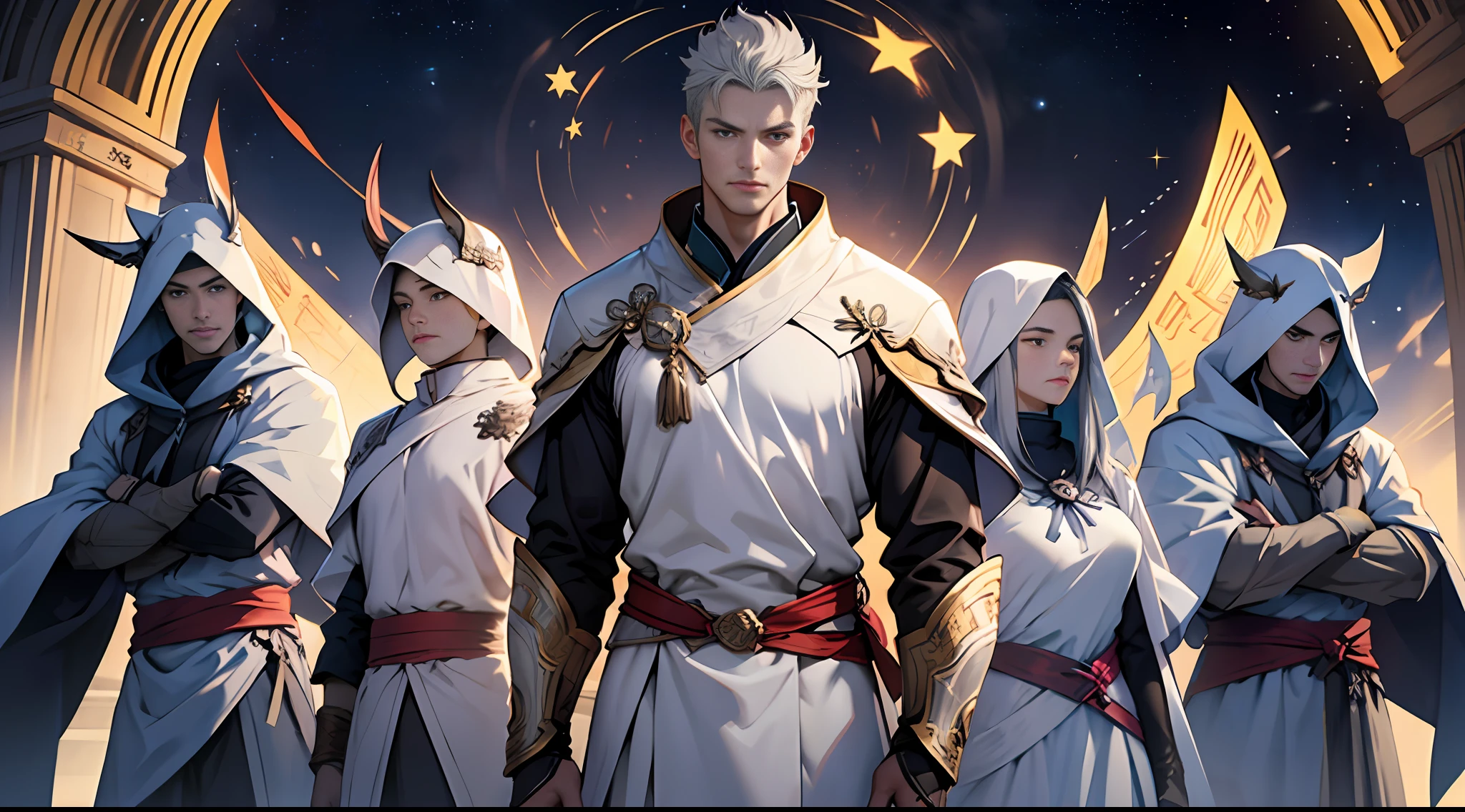 Best quality, 巨作, Super detail, A tall man standing in the center of the Spirit and Goodness team,gray hairs,Wearing white armor, Depended on a group of companions(hemmed:1.2), Determined gaze,There was an expression of hope and anticipation on his face.,in the style of the stars art group xing xing,