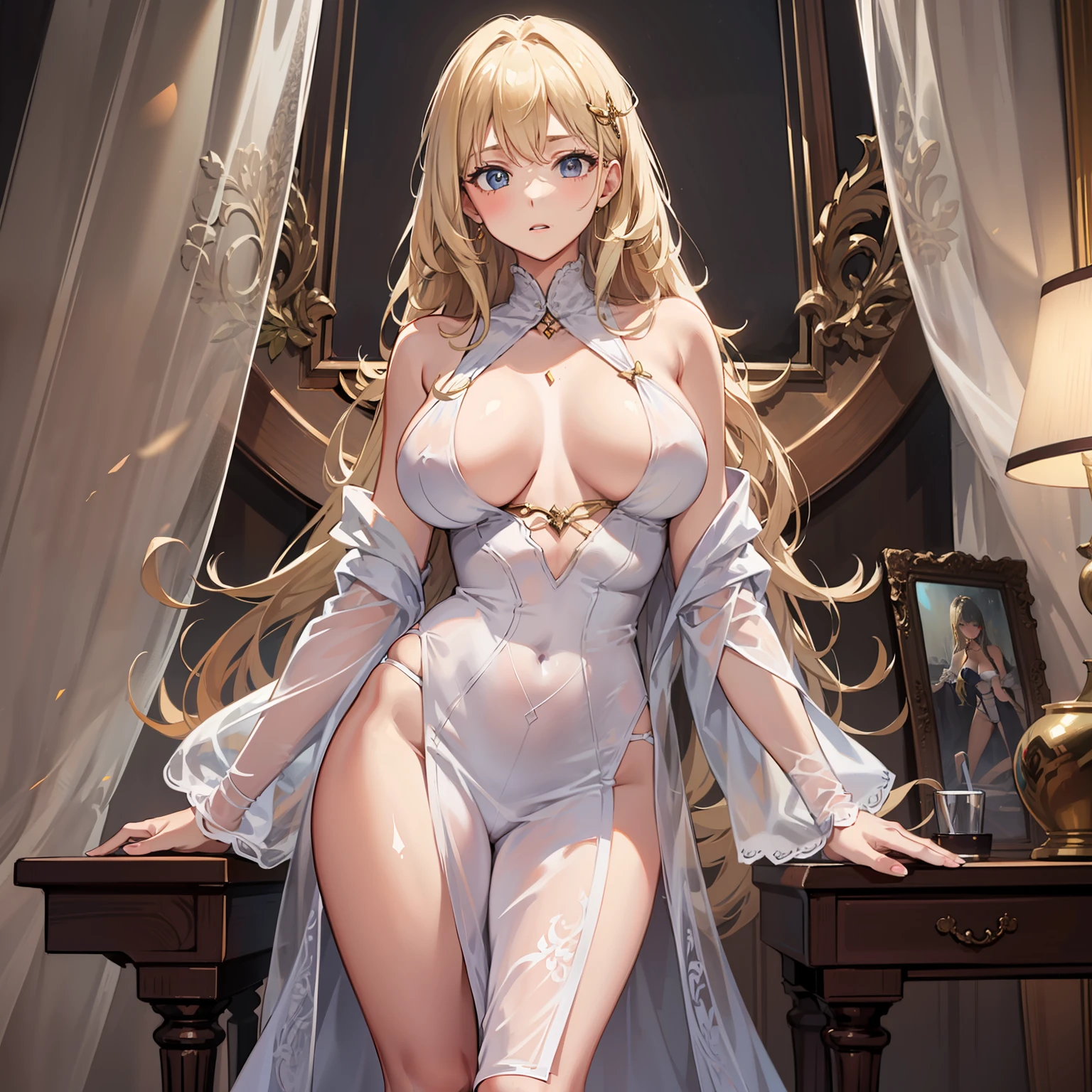 dynamic angle，illustratio，​masterpiece，With long blonde hair，big breast beauty，Wear a white slip dress，damaged clothes，the Long legs，medium chest circumference，perfectbody，sideways standing，