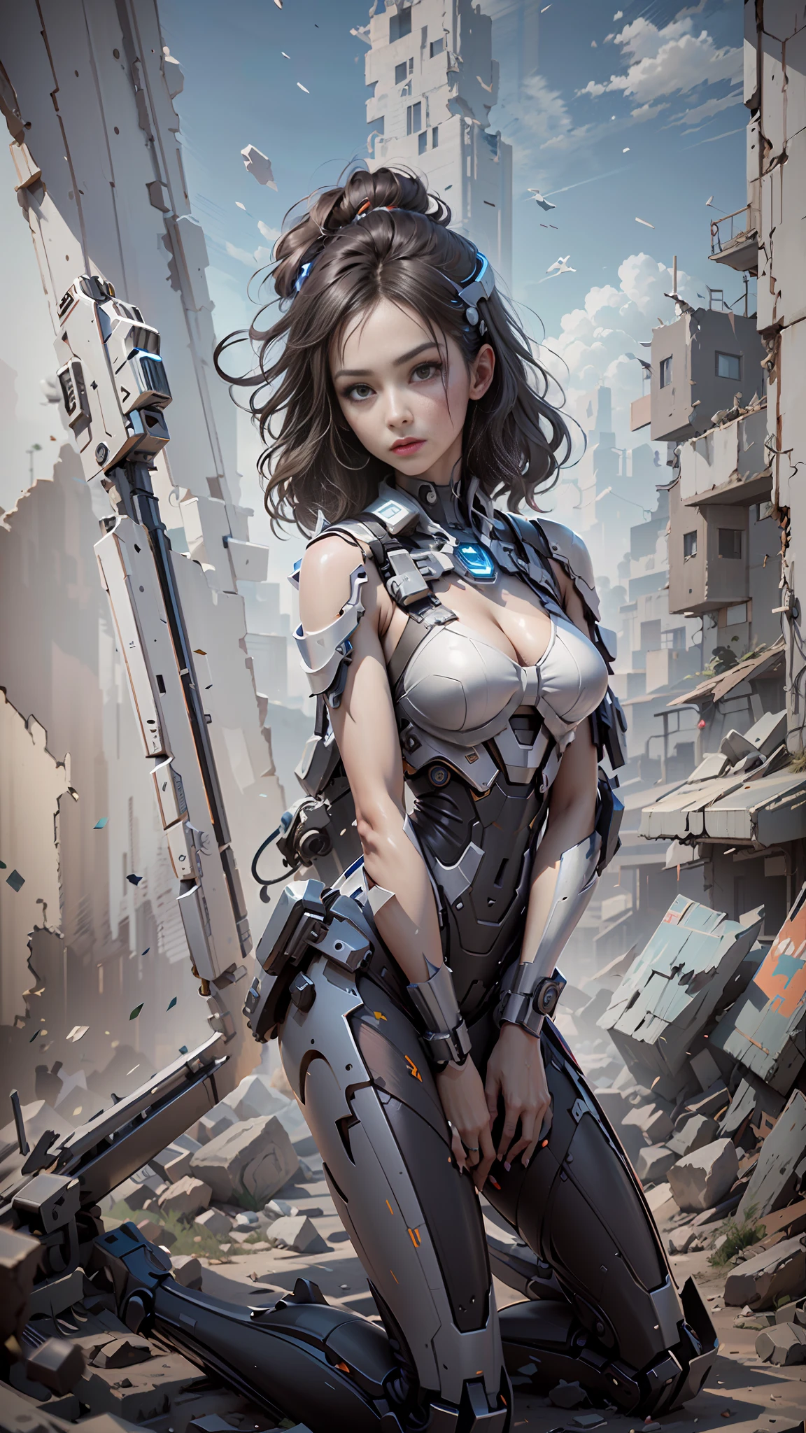 ((Best quality)), ((masterpiece)), (highly detailed:1.3), 3D,Shitu-mecha, beautiful cyberpunk women with her mecha in the ruins of city from a forgoten war, ancient technology,HDR (High Dynamic Range),Ray Tracing,NVIDIA RTX,Super-Resolution,Unreal 5,Subsurface scattering,PBR Texturing,Post-processing,Anisotropic Filtering,Depth-of-field,Maximum clarity and sharpness,Multi-layered textures,Albedo and Specular maps,Surface shading,Accurate simulation of light-material interaction,Perfect proportions,Octane Render,Two-tone lighting,Low ISO,White balance,Rule of thirds,Wide aperature,8K RAW,Efficient Sub-Pixel,sub-pixel convolution,luminescent particles,light scattering,Tyndall effect