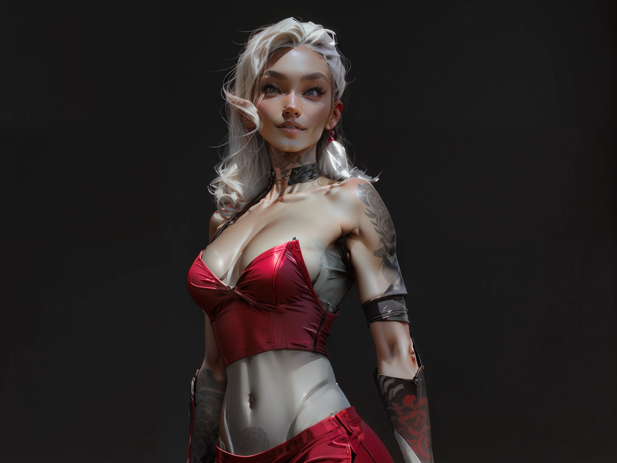 a close up of a woman in a red dress with a red glove, female lead character, red realistic 3 d render, airbrush render, zbrush 3 d render, for hire 3d artist, 3 d character render, sculpted in zbrush, modelled in zbrush, smooth 3d cg render, realistic skin, textured skin, light smile, tattooed body, bare shoulder.