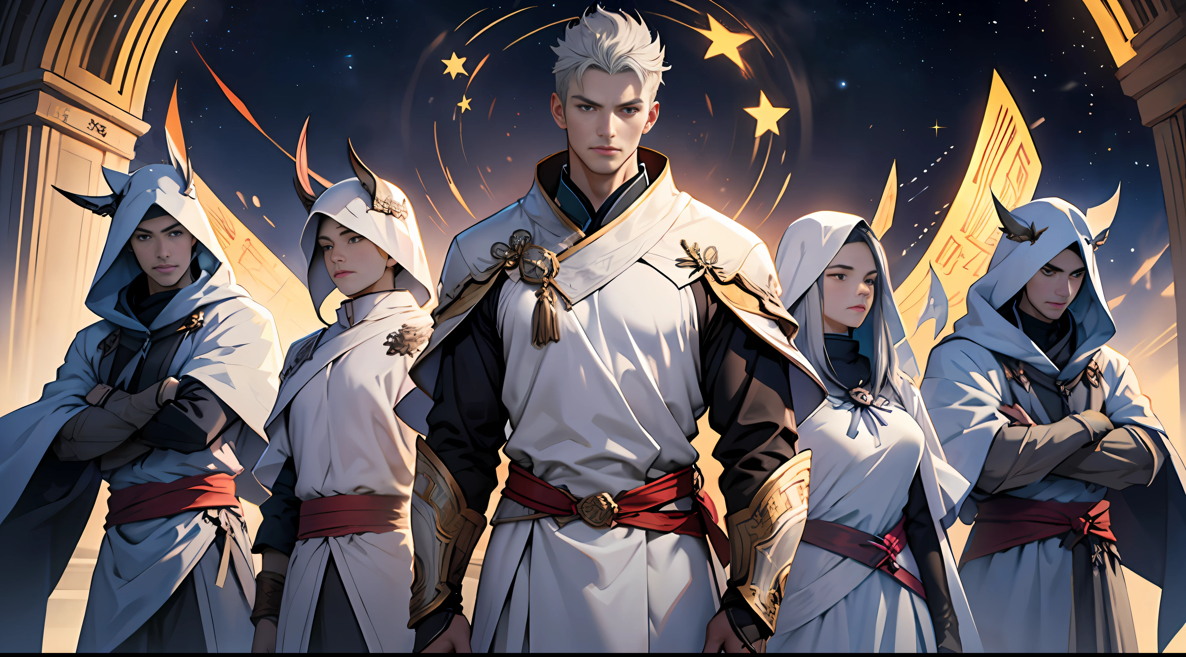 Best quality, 巨作, Super detail, A tall man standing in the center of the Spirit and Goodness team,gray hairs,Wearing white armor, Depended on a group of companions(hemmed:1.2), Determined gaze,There was an expression of hope and anticipation on his face.,in the style of the stars art group xing xing,