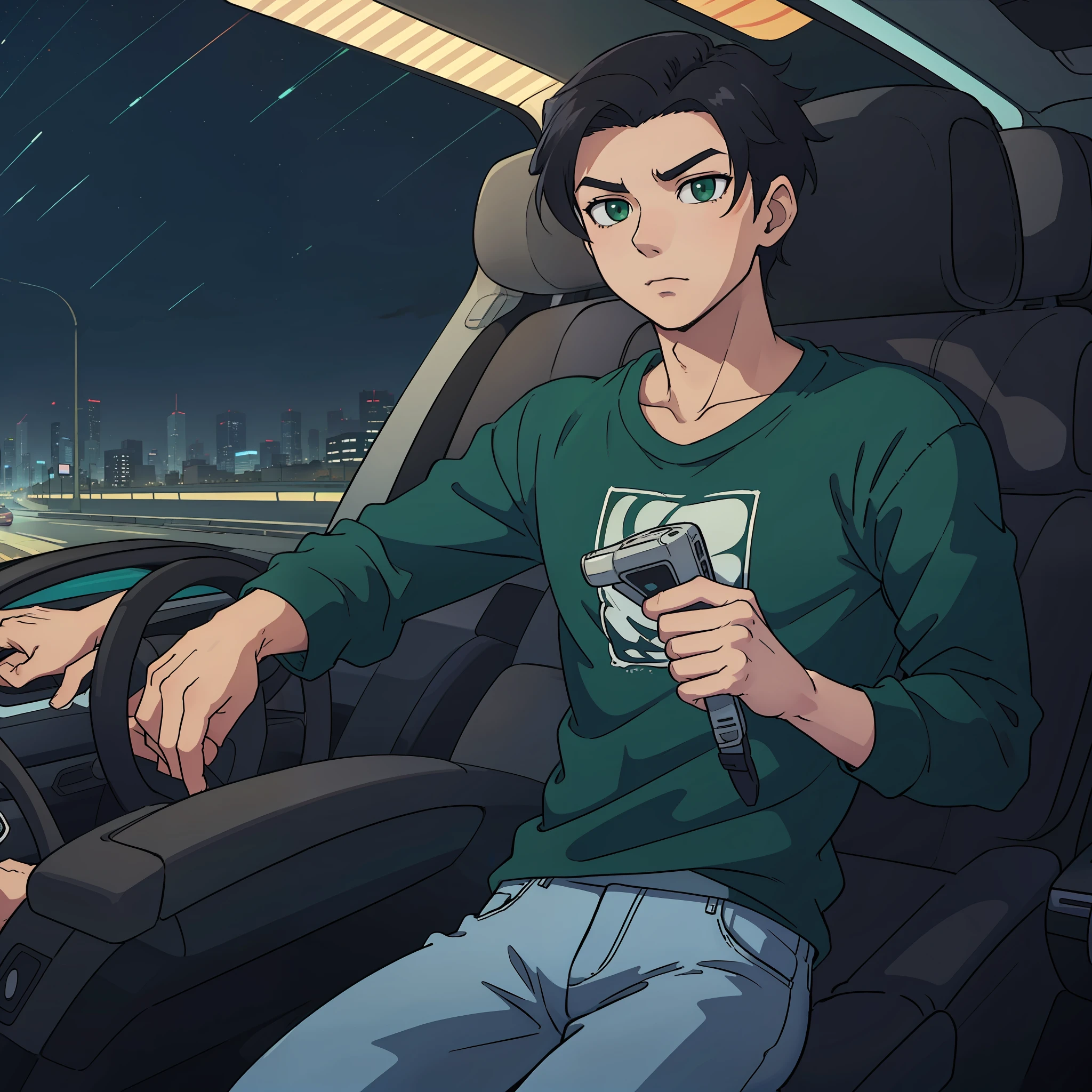 best quality, anime style, night highway background, t-shirt, jeans, 1 man, man driving a car, tall, high detailed green eyes, black hair, quiff, Comb Over mid fade hair, anime style, high detailed character