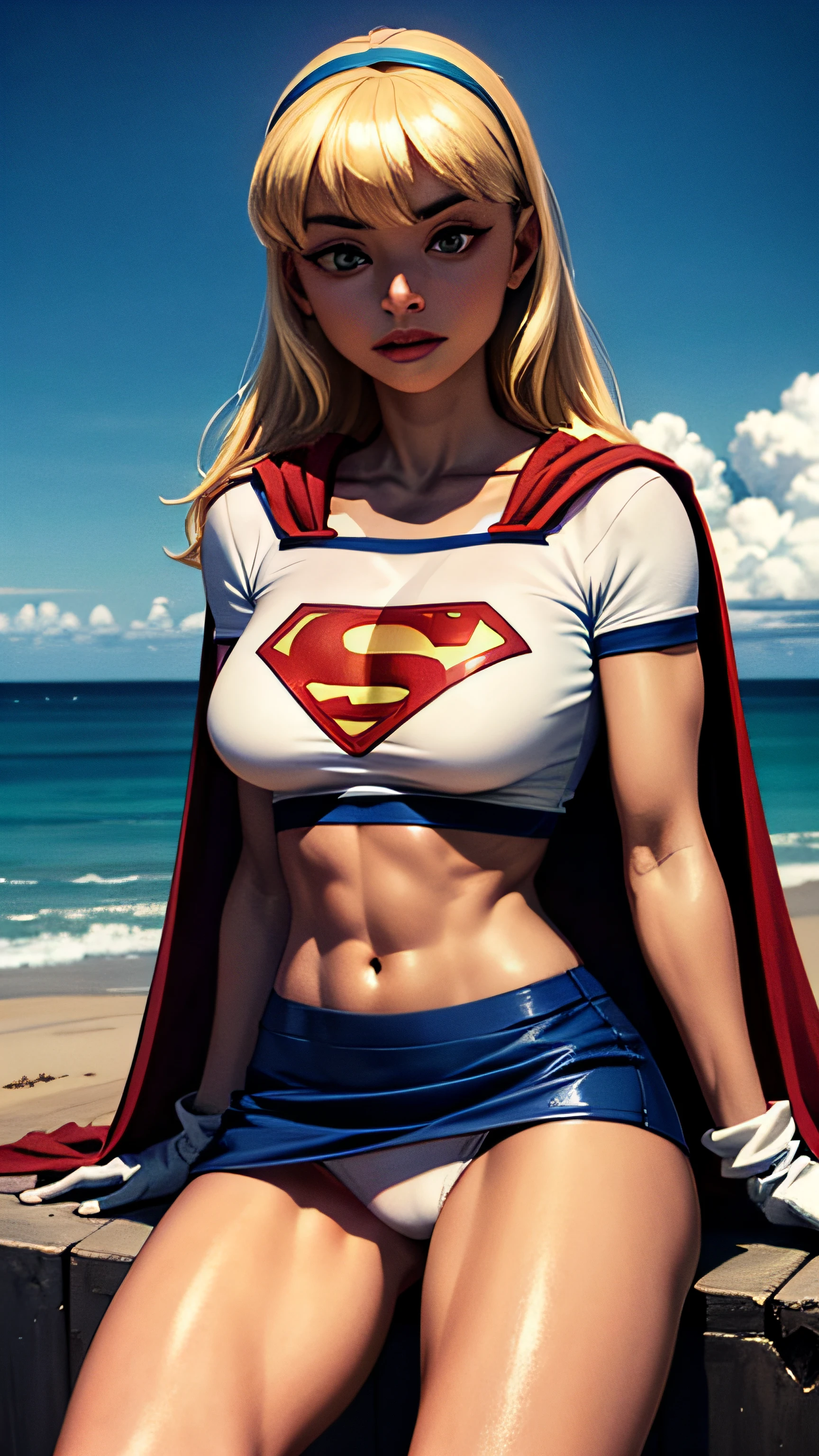 (cowboy shot), SFW, (masterpiece), (best quality: 1.0), (ultra highres: 1.0), detailed eyes, BREAK (Supergirl sitting spreading her legs), 1girl, long blonde hair, Hair band, \(blue\) crop top, short sleeves, cape, (((blue pencil skirt))), (((white panties))), gloves, boots BREAK (Morning sun, beautiful beaches, stunning view)