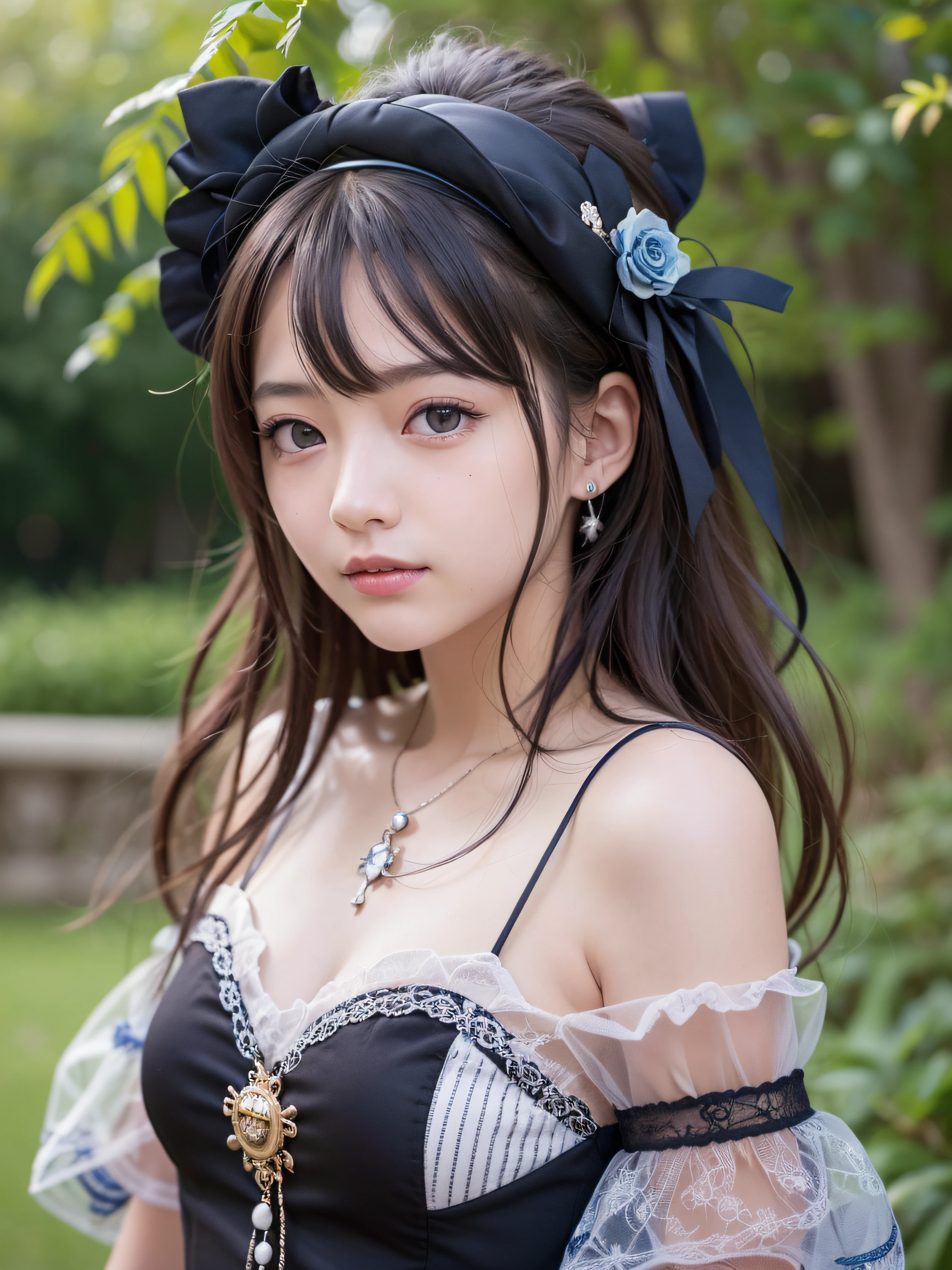 (realistic, photo realistic:1.37), incredibly absurdres, (insanely detailed:1.3), 8k, (masterpiece), (best quality:1.4), (ultra high res:1.2), (raw photo:1.2), (unity 8k wallpaper), 1 nogizaka girl, utterly cute, (bishojo:1.35), (15yo:1.4), ((alice and the pirates fashion)), delicate detailed beautiful dress, hair accessory with blue rose, an exquisitely detailed and beautiful face and eyes and skin, detailed black shine hair, smile at the camera, cowboy shot, european castles, ultra detailed background, professional lighting