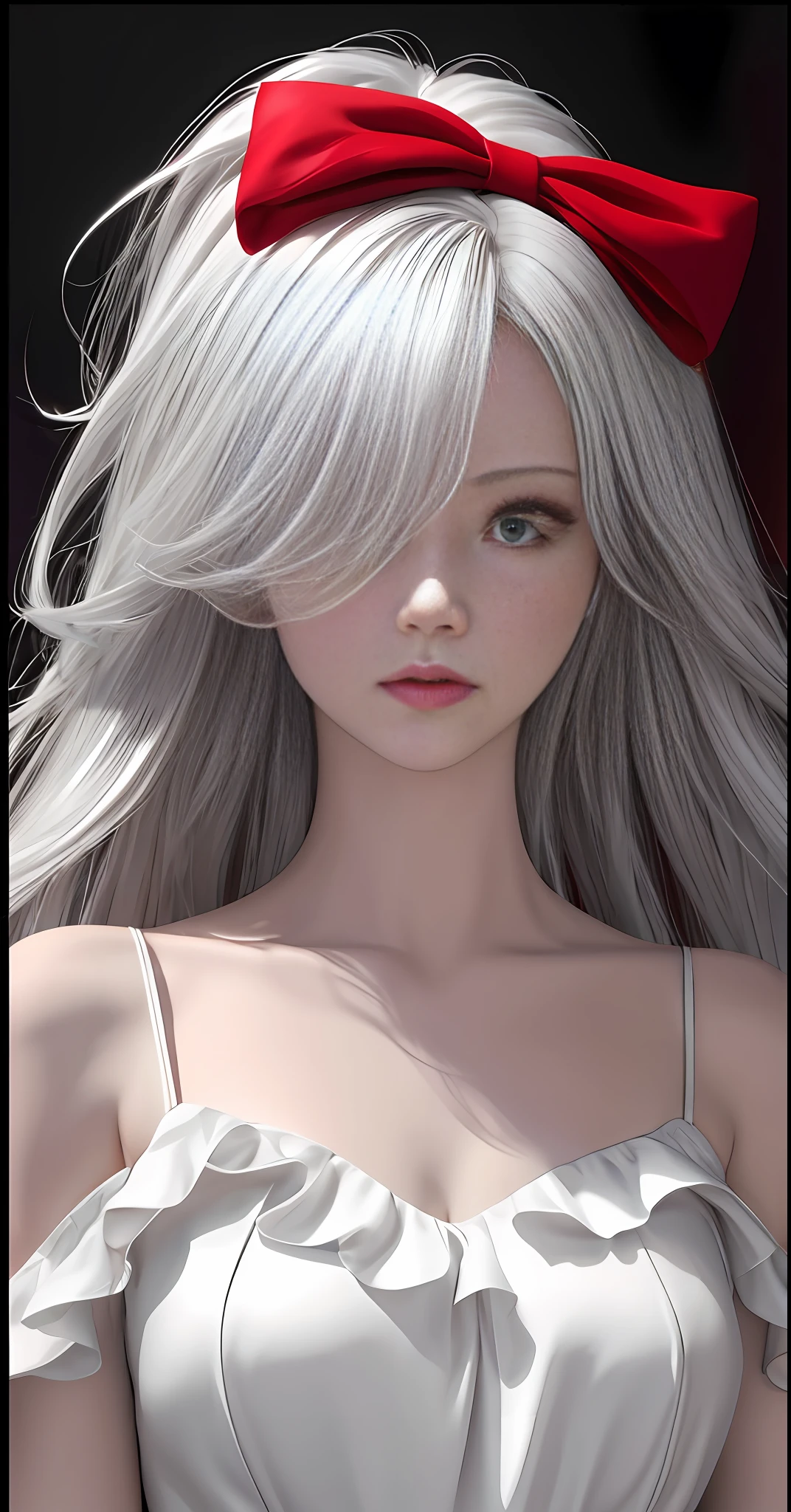 a close up of a woman with a red bow on her head, girl with white hair, 3 d anime realistic, smooth anime cg art, anime realism style, realistic anime 3 d style, realistic anime artstyle, perfect white haired girl, stunning anime face portrait, photorealistic anime, beautiful anime portrait, digital anime art, realistic young anime girl, hyper realistic anime,See-through shirt, pink, visible, big breasts