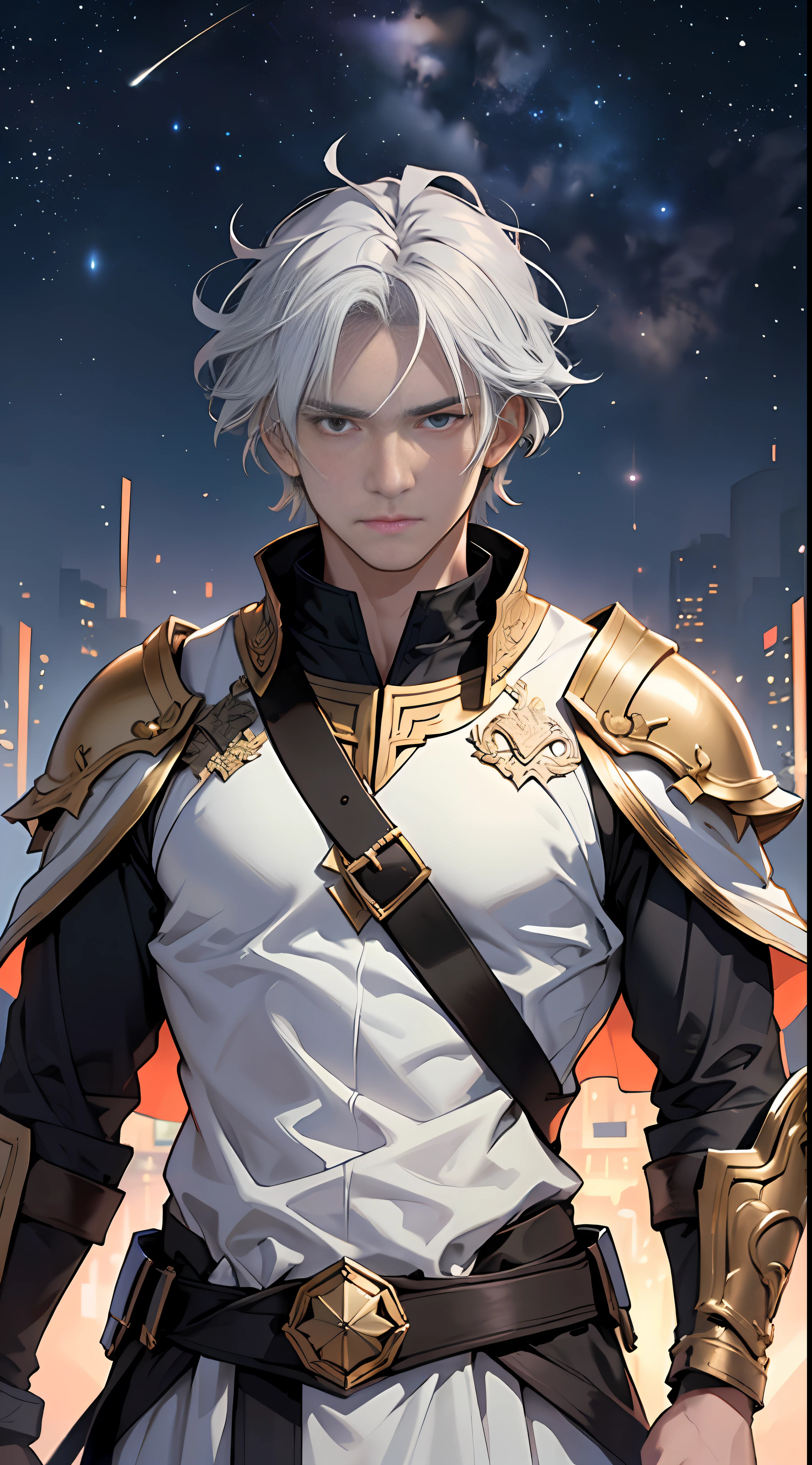 Best quality, 巨作, Super detail, A tall man standing in the center of the Spirit and Goodness team,gray hairs,Wearing white armor, Depended on a group of companions(hemmed:1.2), Determined gaze,There was an expression of hope and anticipation on his face.,in the style of the stars art group xing xing,