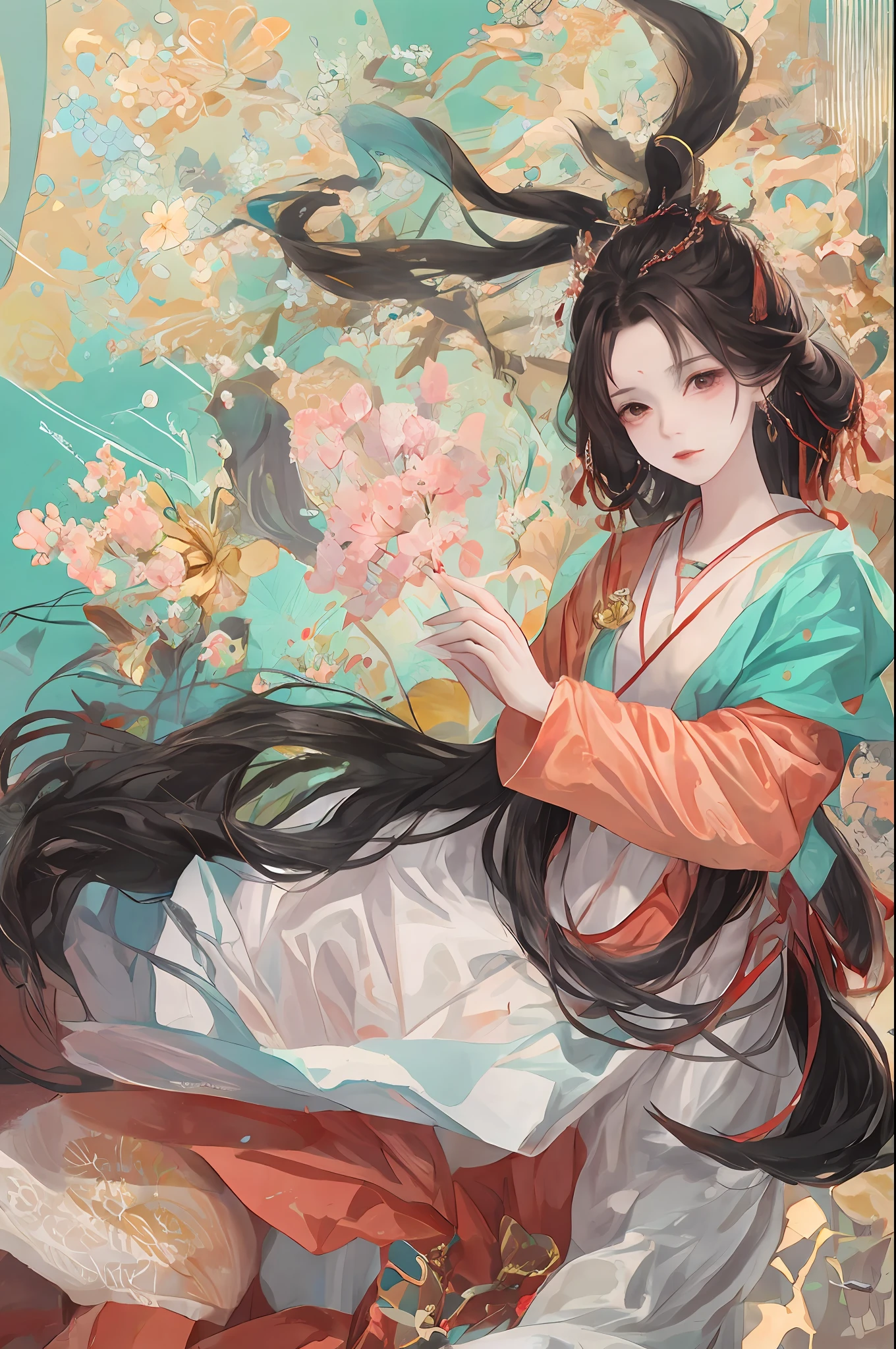 An ancient Chinese beauty sitting on a stone, wearing ancient Chinese clothing, flowing tulle, light silk, lazy posture, large lotus leaf, lotus, ink painting style, clean color, decisive cutting, blank, freehand, masterpiece, super detailed, epic composition, high quality, the highest quality, 4k --v 6