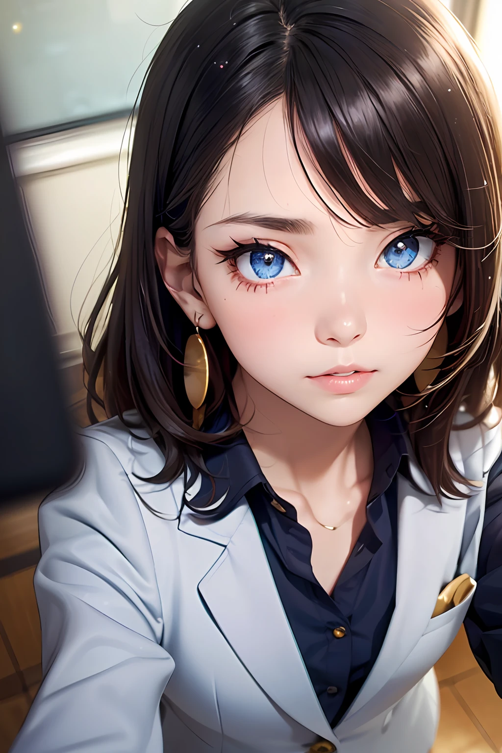 (masutepiece: 1.3), (max resolution: 1.2), (Ultra HDTV: 1.2), cinema lite, Ultra HDTV, (Detailed eyes and skin), (detailed facial features), ultgp, 8K resolution, Sharp Focus: 1.2, Perfect Style, Beautiful Face, accurate, Anatomically correct, Highly detailed face and skin texture, Detailed eyes, Dark-blue eyes, Double eyelids, Thin eyebrows, dropping eyes, (Glitter Eyeliner:1.2), Natural cheeks, Glossy skin, (Fair skin:1.2), shiny necklace and earrings, (Glossy lips: 1.4), break, absurderes, One-person viewpoint, (she is high school Student), (Wearing a Button up shirt, blazer, Pleated mini skirt), (Sexy collarbone:1.2), (worried face: 1.2), (Staring at the viewer), ((Innocent and very cute girl:1.3)), (Layered hairstyle, Wavy Hair), (Dark brown hair:1.2), Medium Long Hair, (Full body shot: 1.2), Focus on Face, medium large breasts, ((Selfie Pose on Instagram:1.4)), ((In the school infirmary)), (From directly above:1.3),