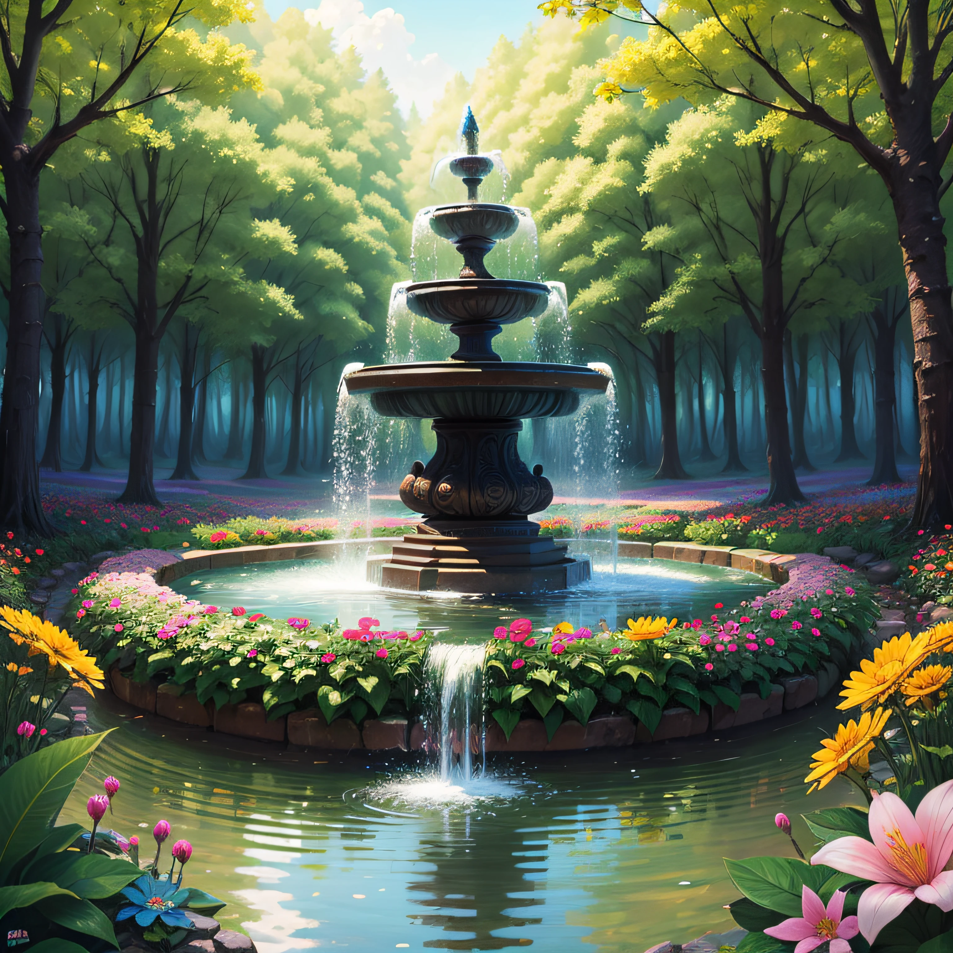 a magical fountain of wishes, in the middle of the forest, colorful flowers --auto