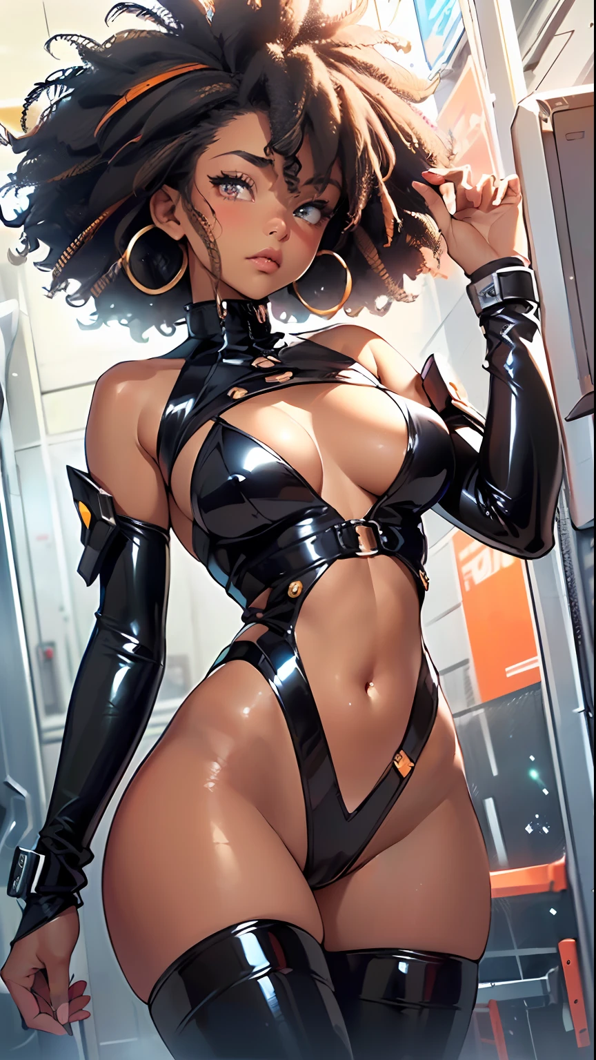 girl spacepunk, (1girl:1.3), ((1 extremely cute and beautiful afro haired anime girl)),

(large breasts:1.4), saggy breasts, (((black afro hair:1.35, afro hair, afro, black afro hair, dark hair, black hair, medium hair)), ((heterochromia, eye1 orange, eye2 red,  perfect eyes, upturned eyes:1.3, beautiful detailed eyes, finely detailed beautiful eyes:1, symmetrical eyes:1, big highlight on eyes:1.2, symmetrical eyes:1, big highlight on eyes:1.2)), (fat:1.2),   7.5 life size, (((black skin, dark-skinned_female, dark skin:1.3, ebony skin, lustrous skin:1.5, bright skin: 1.5, skin tanned, shiny skin, very shiny skin, shiny body, plastic glitter skin, exaggerated shiny skin))), (spider lower abdomen, narrow waist, wide hip, athletic body, inflated legs, delicate detailed fingers, hand consists of a short thumb and four fingers, hand with just five fingers, detailed body, detailed arms, human hands, detailed hands,), 

cute, slutty, sensual, seductive look, seductive, erotic, enchanting, nsfw, 

zettai ryouiki, revealing clothing, show skin, (wearing a mechanical space body armor:1.3, micro bikini,  bare legs), (detailed outfit, detailed clothes),

(dynamic pose:1.0), solo focus, embarrassed, centered, scale to fit dimensions, Rule of thirds,